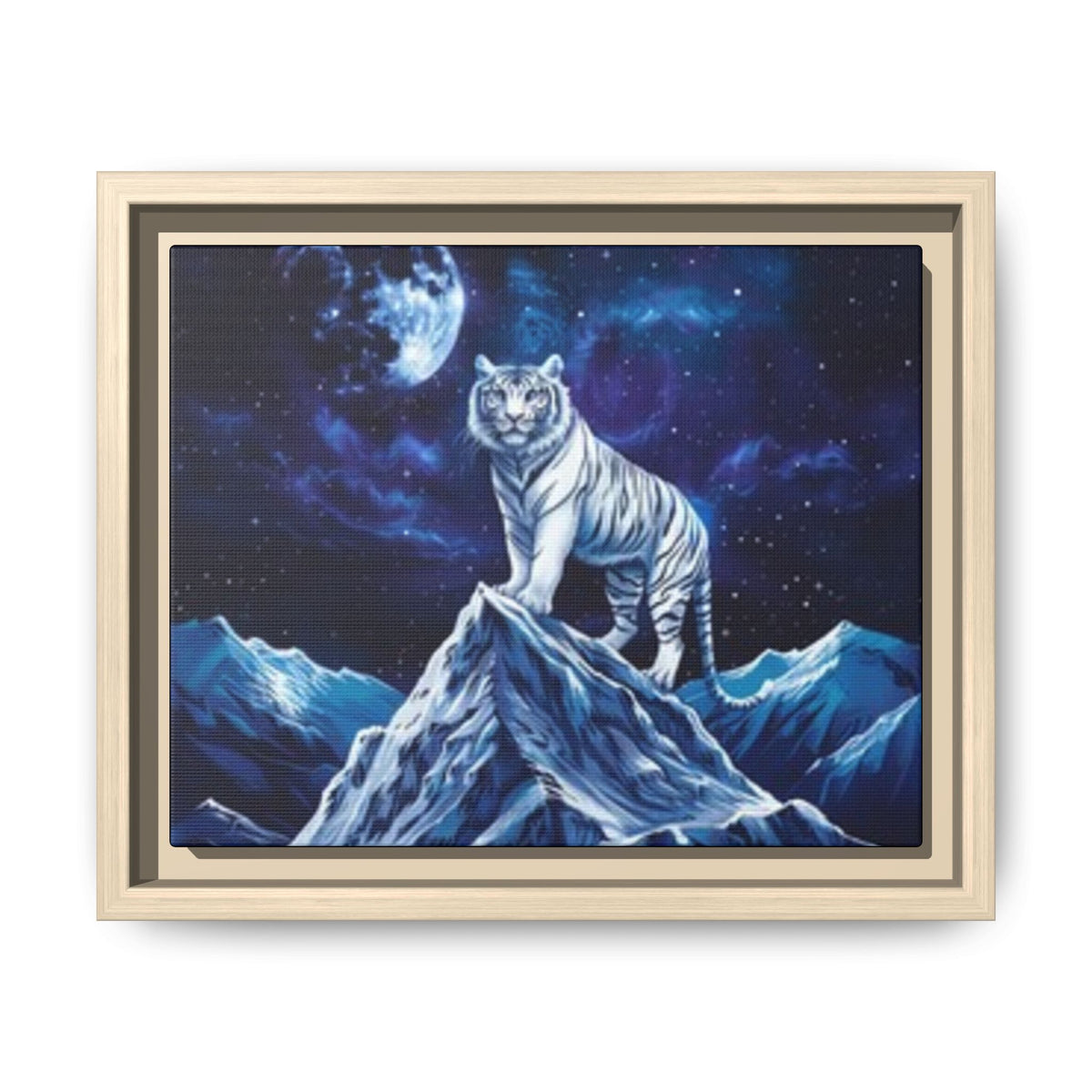 Framed Matte Canvas - White Tiger on Moonlit Mountain