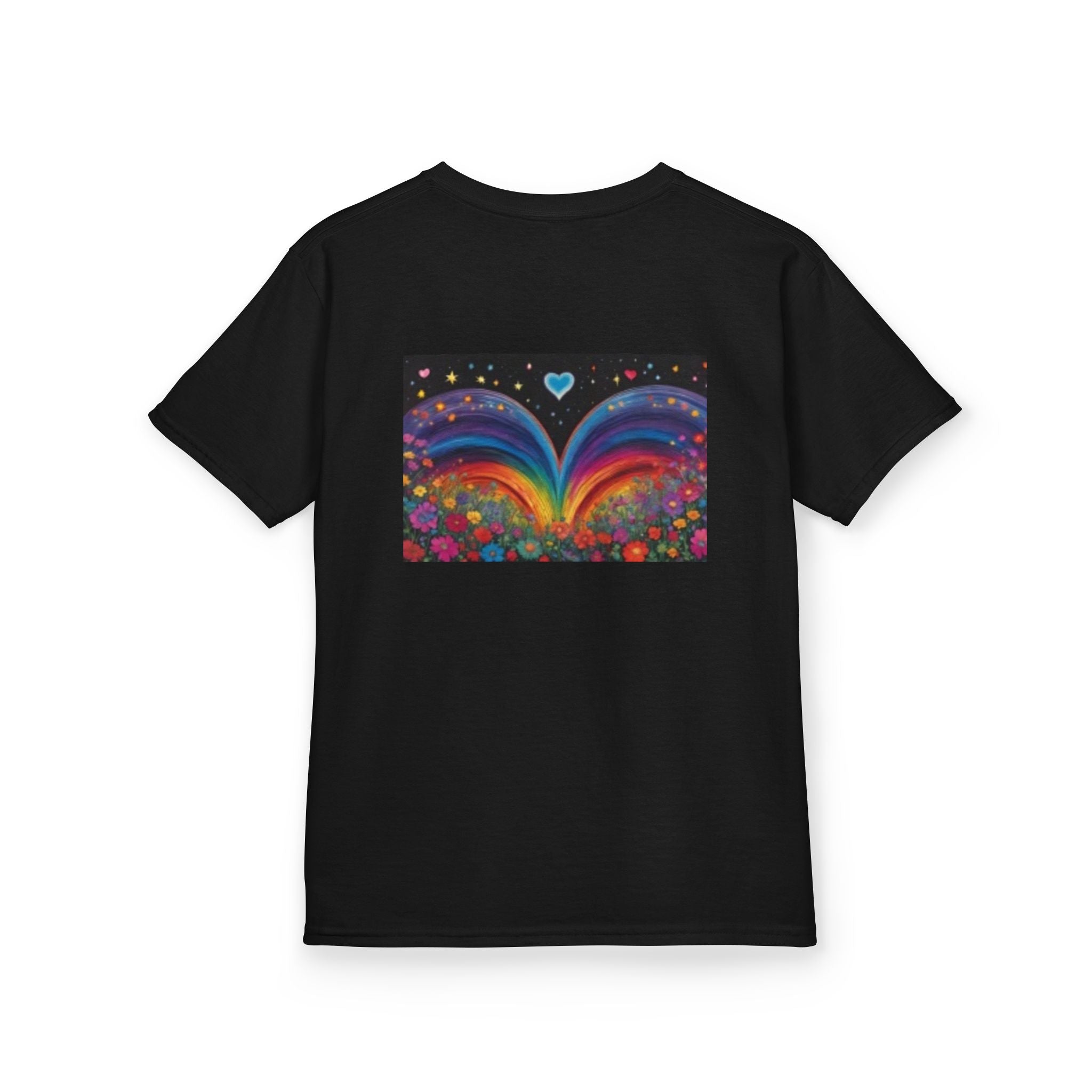 Kids T-shirt— Cute Tiger Cub Photo Front & Rainbow Heart Back Graphic