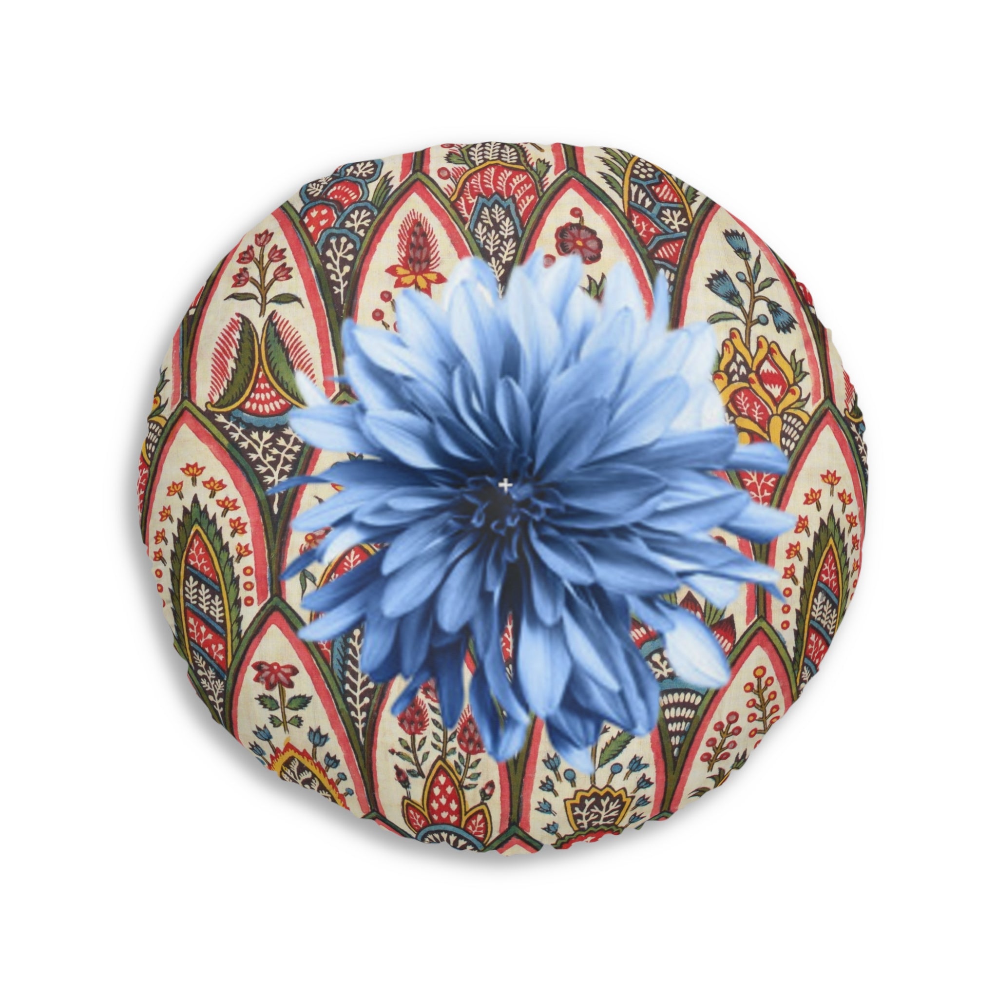 Boho Floral Round Floor Pillow — Vibrant Leopard & Blue Chrysanthemum Tufted Cushion