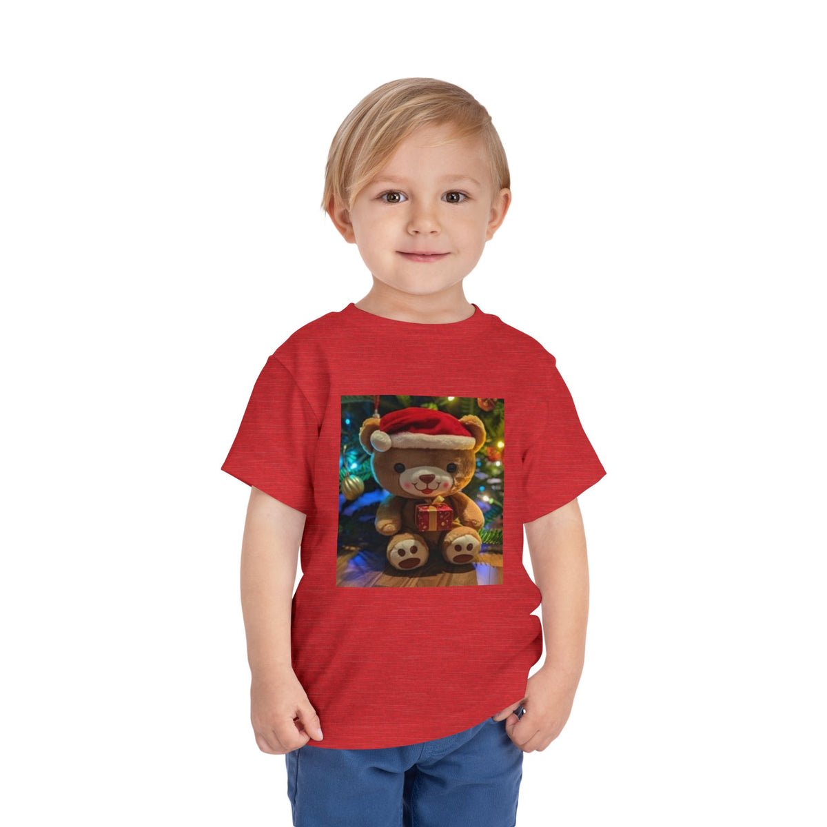 Toddler Tee — Christmas Teddy Bear with Santa Hat Holiday Shirt