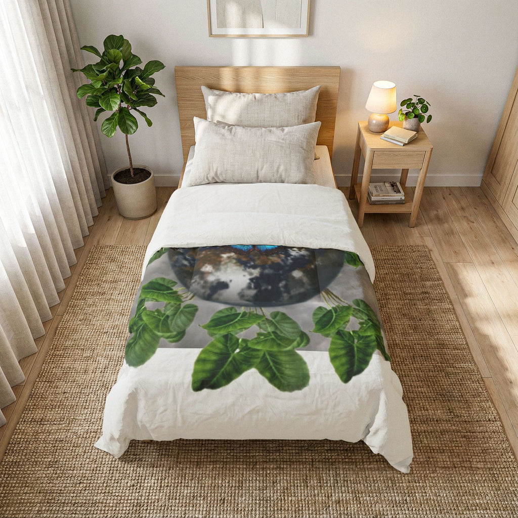 Earth From Space Leaves Blue Butterfly & Earth Facts Cotton Comforter