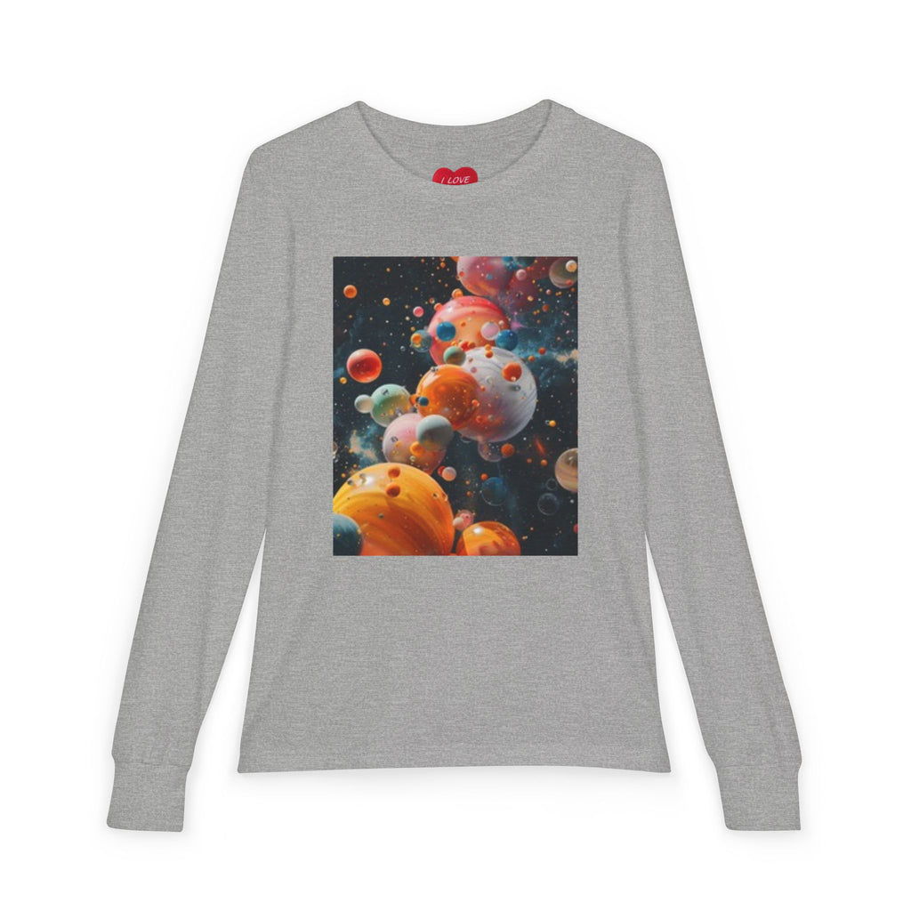 Youth Long Sleeve Tee — Playful Space Planets & Happy Bulldog Graphic