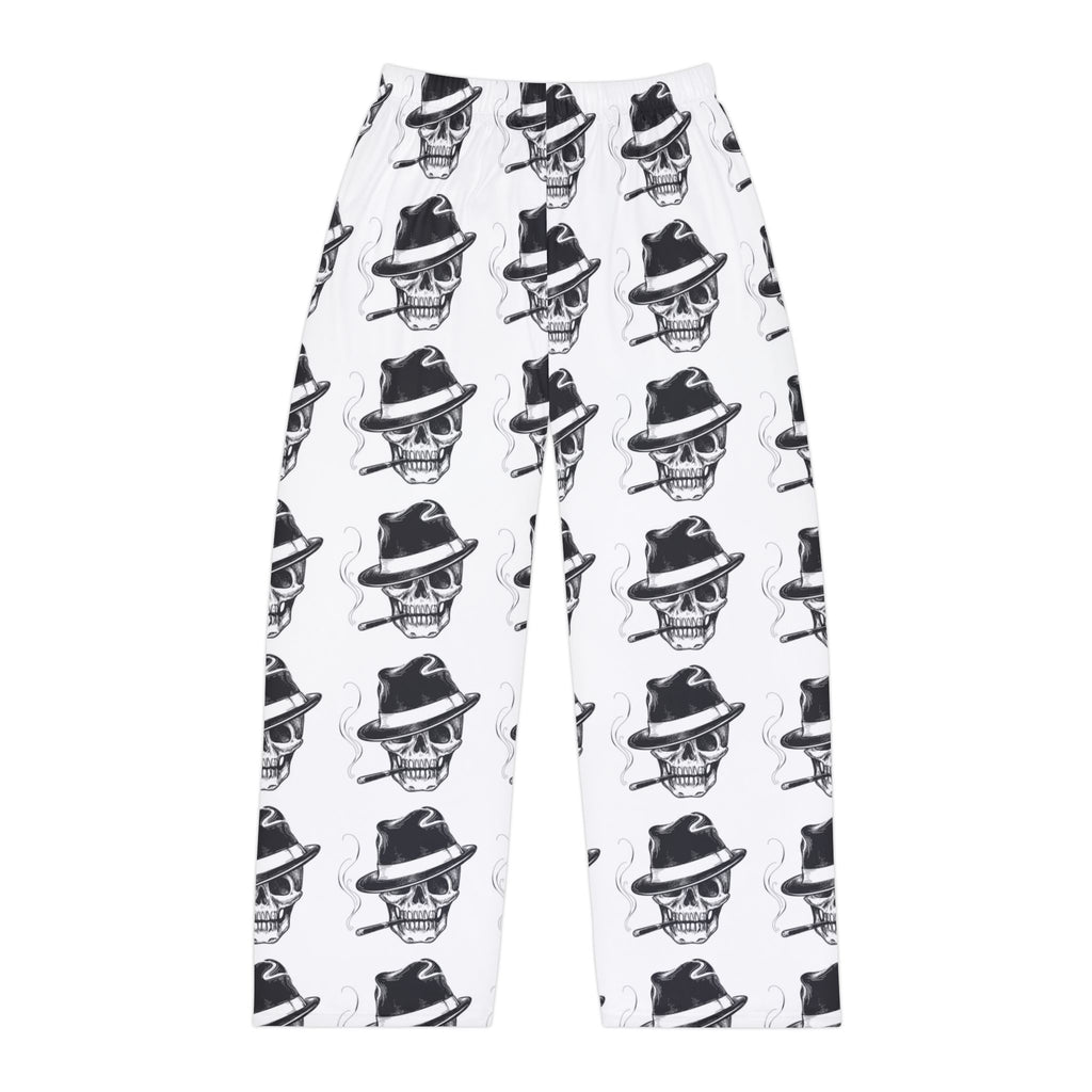 Skull Fedora Pajama Pants — Men’s Black & White All-Over Print Lounge Pants