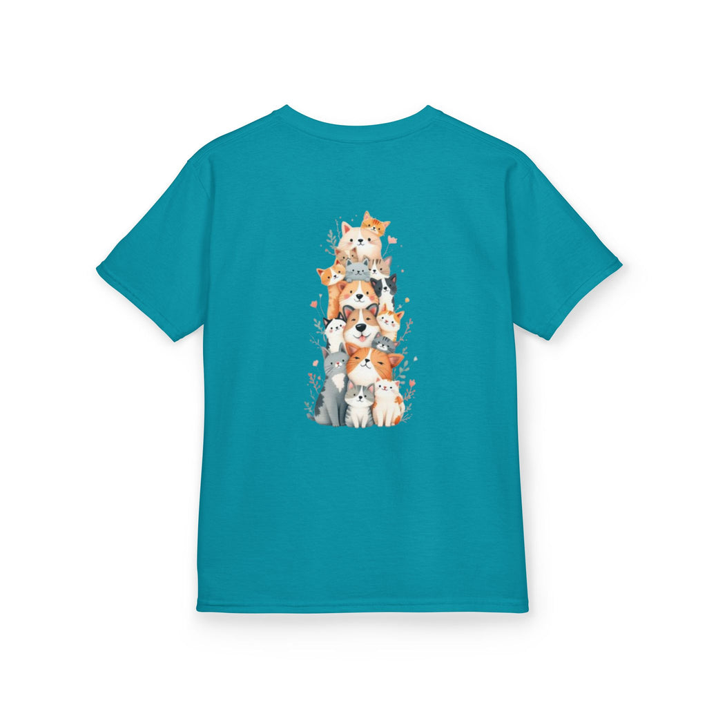 Kids Bulldog & Cute Cats Graphic Tee — Playful Puppy and Cat Stack Kids T-Shirt