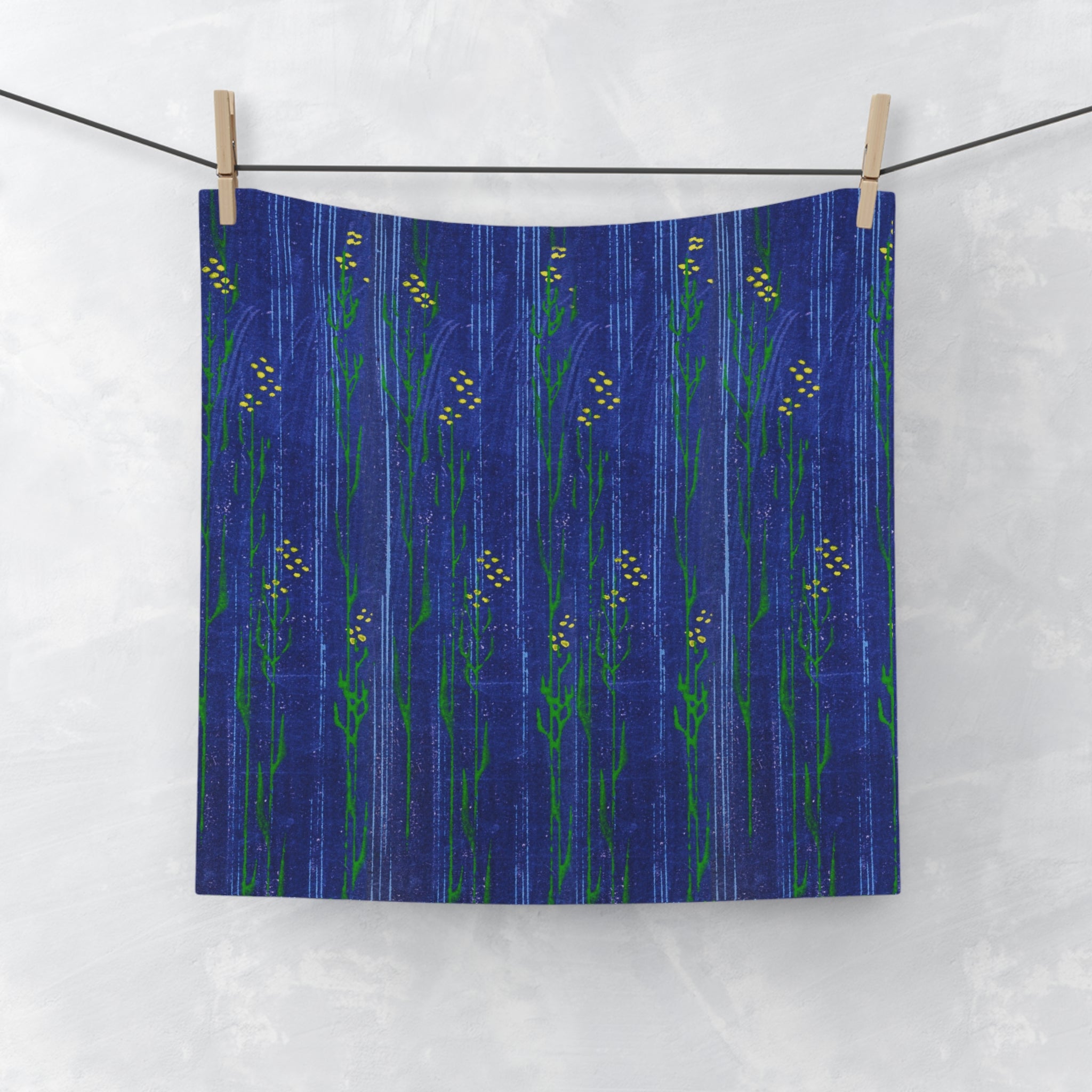 Blue Wildflower Face Towel — Botanical Stripe Hand Towel