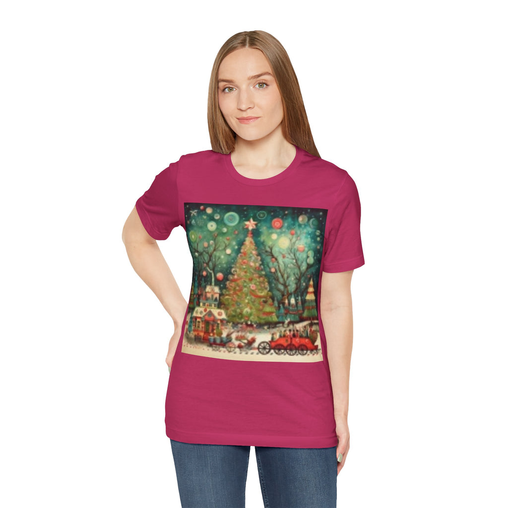 Christmas Tree Vintage Scene Tee — Holiday Village Carriage Design