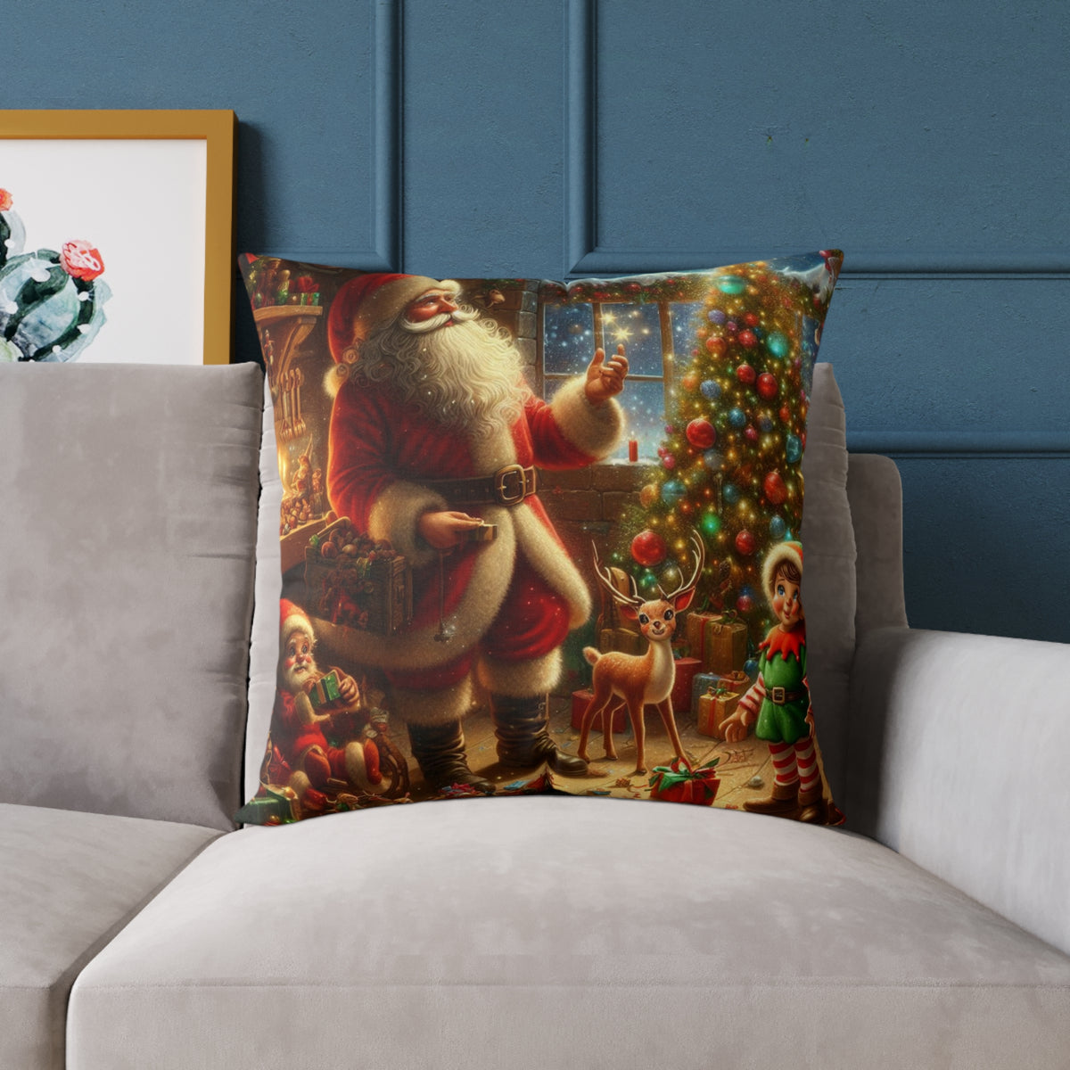 Christmas Santa Scene Square Pillow — Festive Holiday Throw Cushion