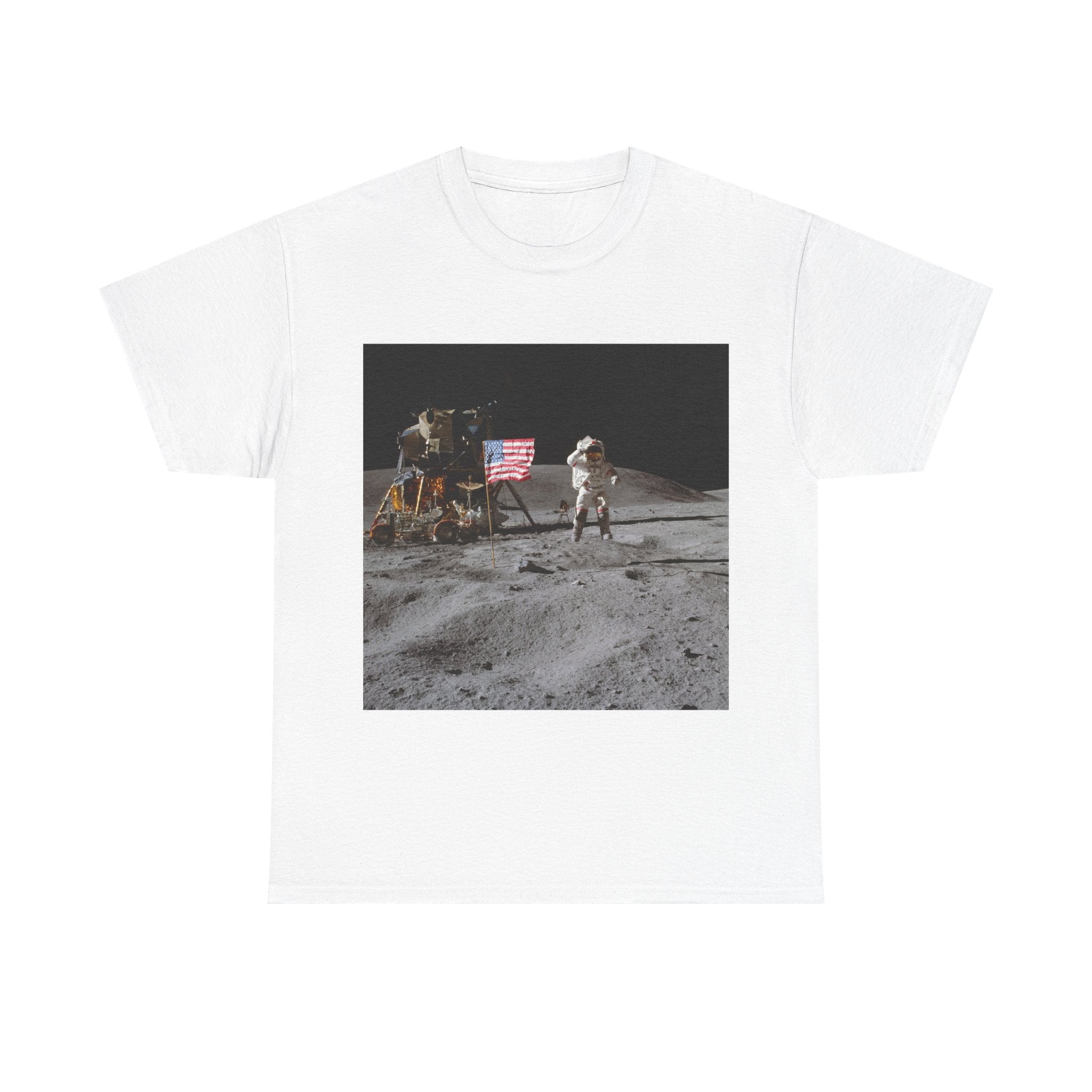 Moon Landing Graphic Tee — Astronaut Flag Photo T-Shirt