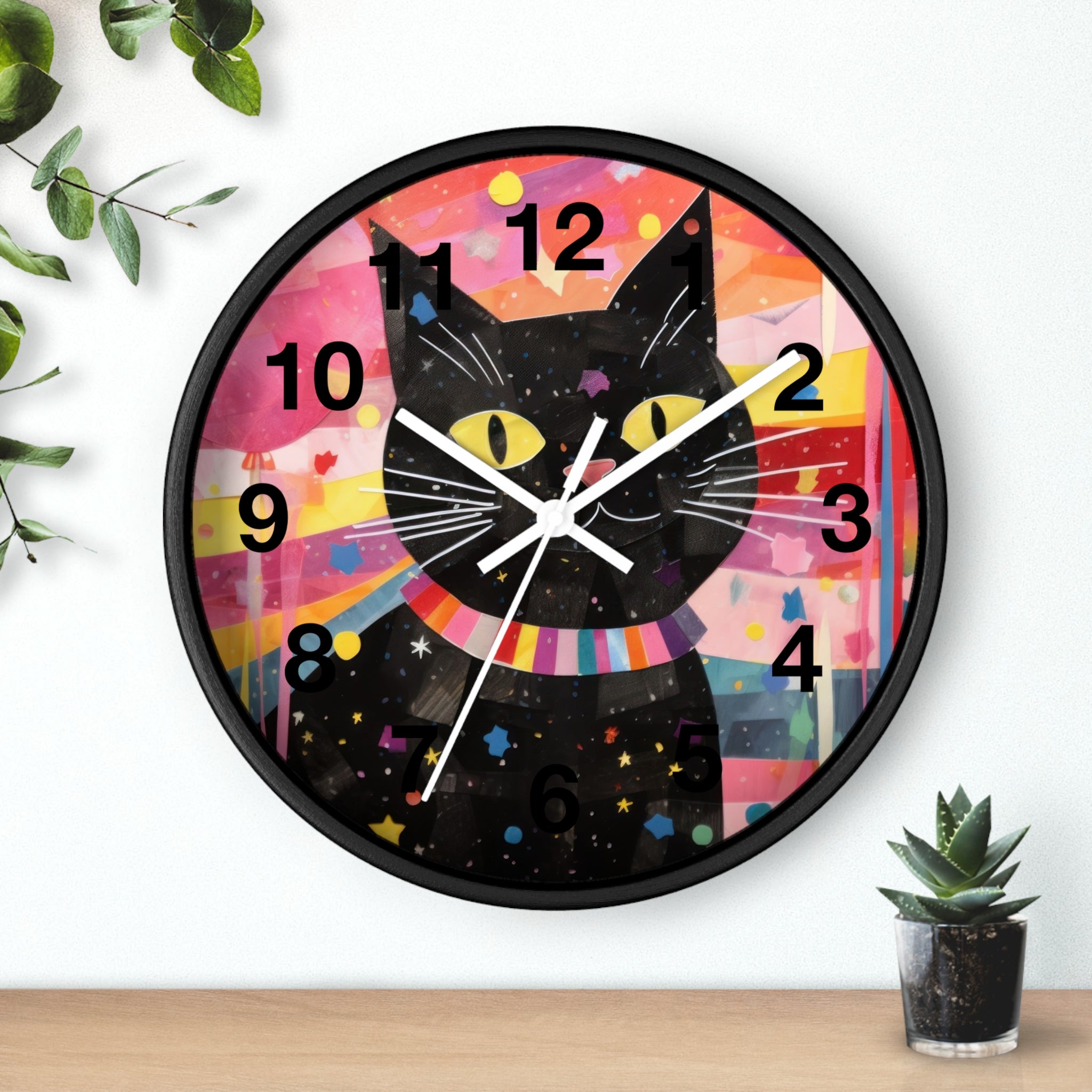 Black Cat Wall Clock — Colorful Retro Cat Clock with Yellow Eyes