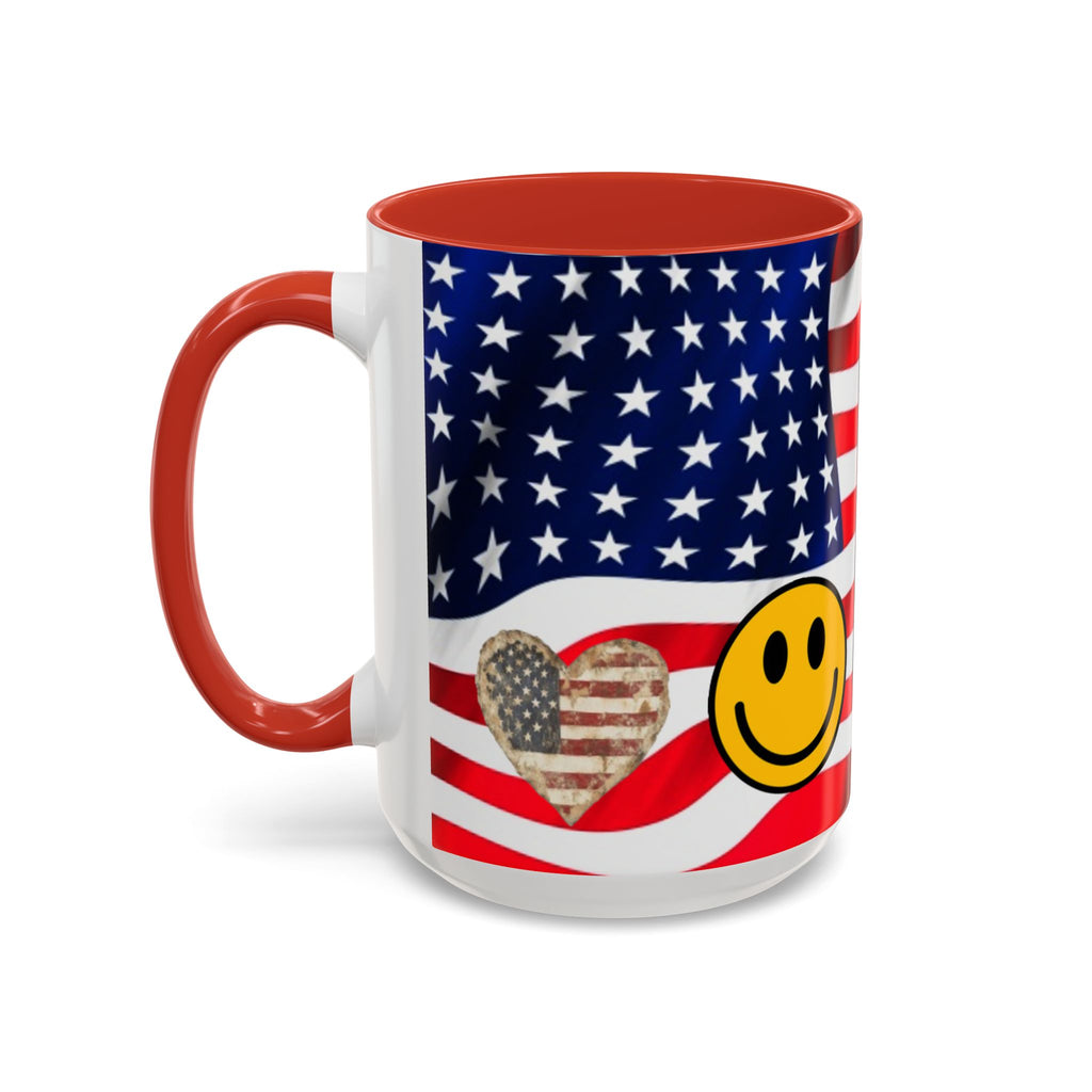 Patriotic President TRUMP Coffee Mug — American Flag Peace Sign & Smile