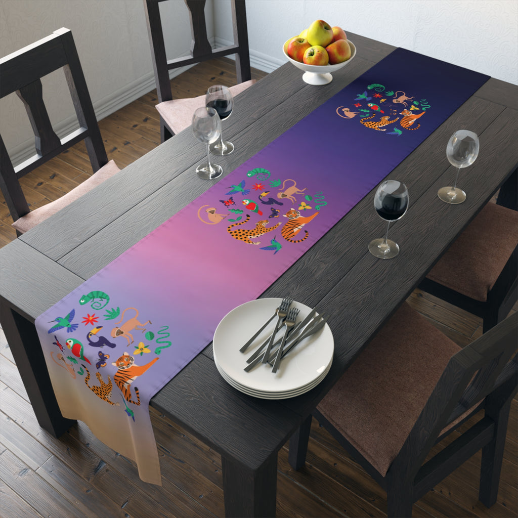 Tropical Jungle Table Runner — Gradient Purple with Tigers & Parrots