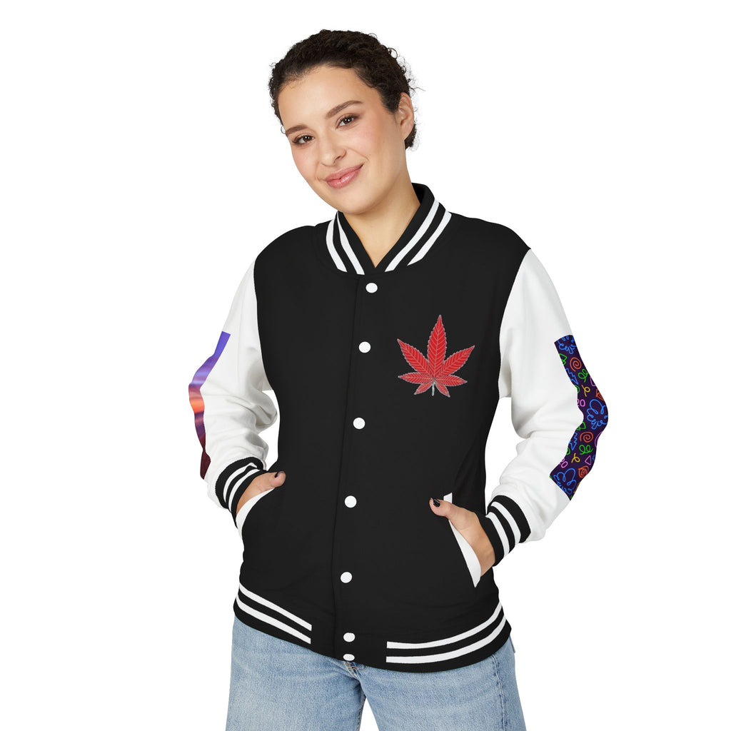 Letterman Jacket — Retro 'All You Need Is Love' Hippie Van & Cannabis Leaf Design