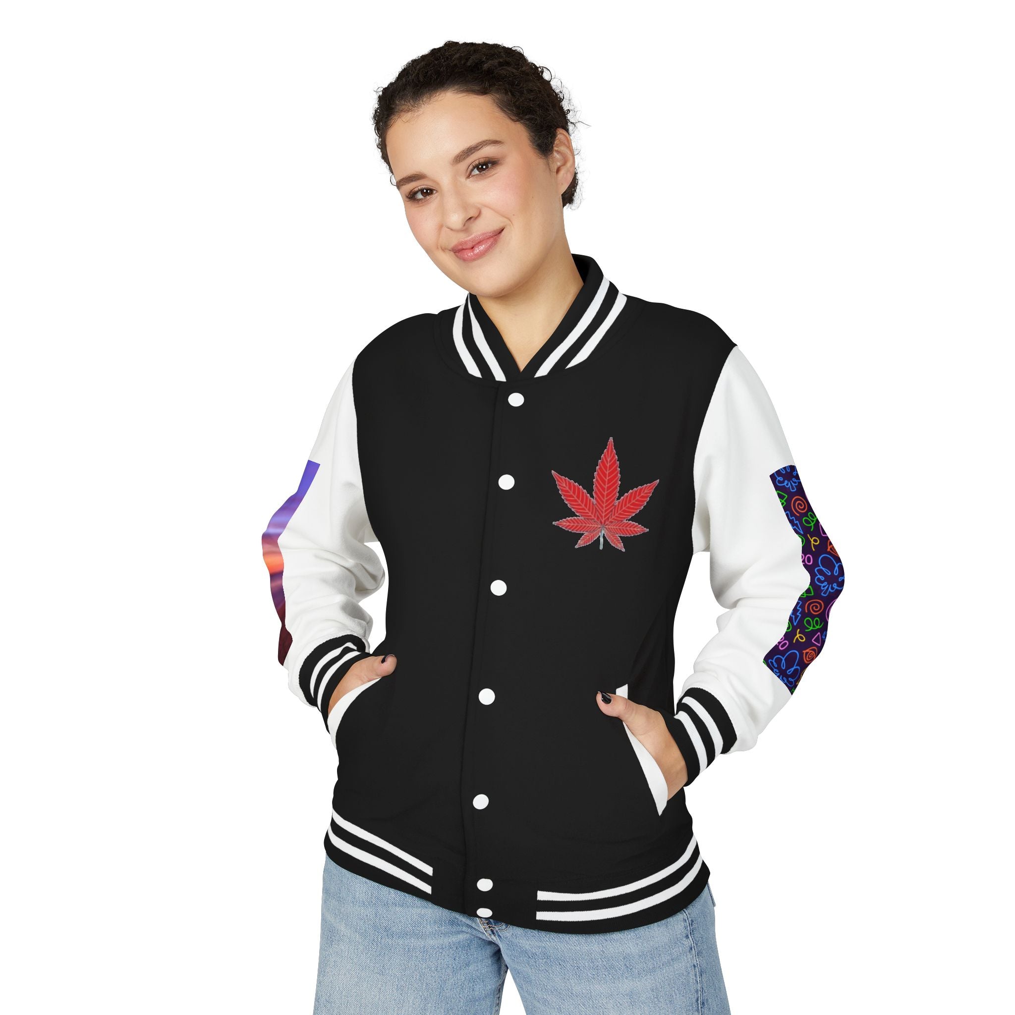 Letterman Jacket — Retro 'All You Need Is Love' Hippie Van & Cannabis Leaf Design