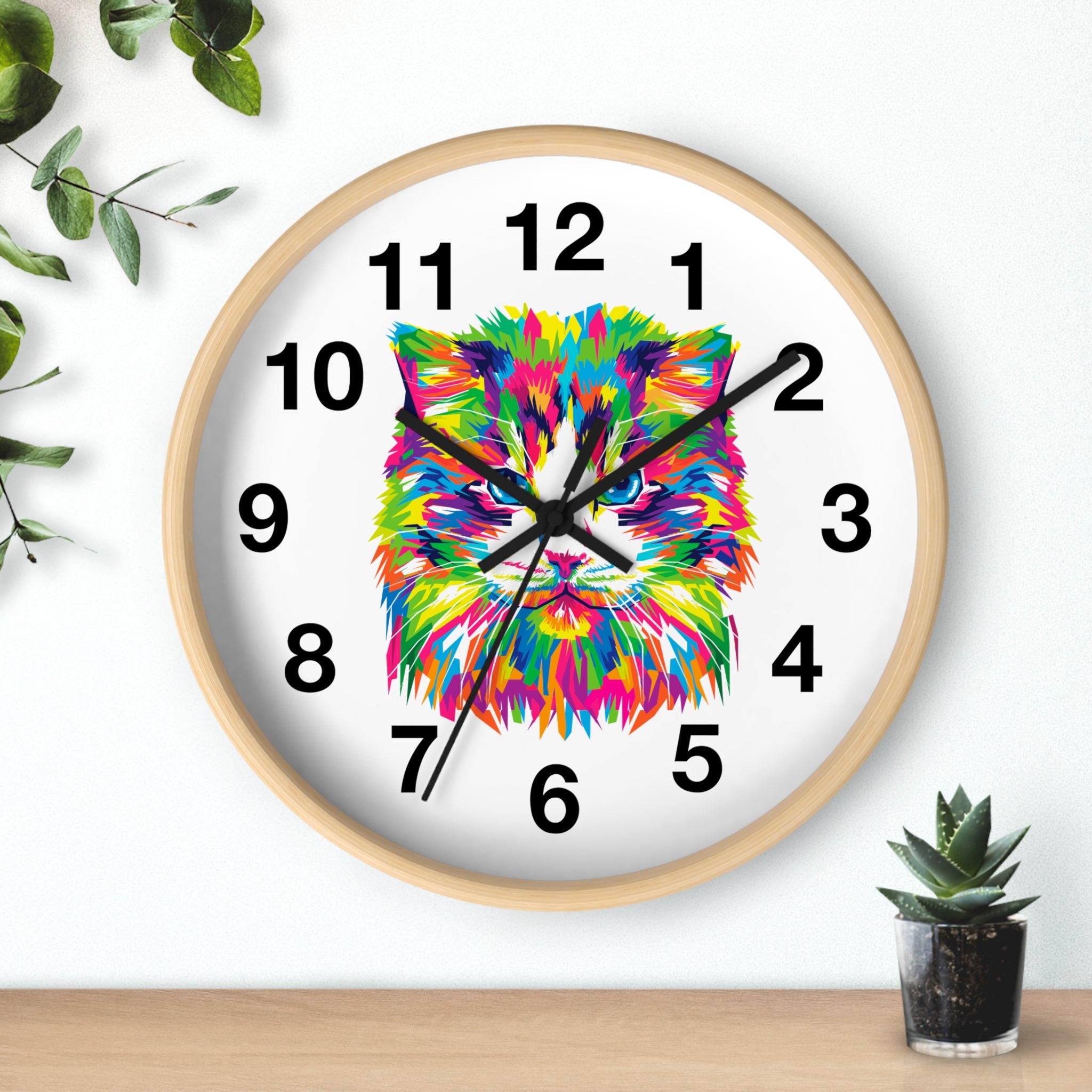 Colorful Cat Wall Clock — Vibrant Pop-Art Cat Face Timepiece