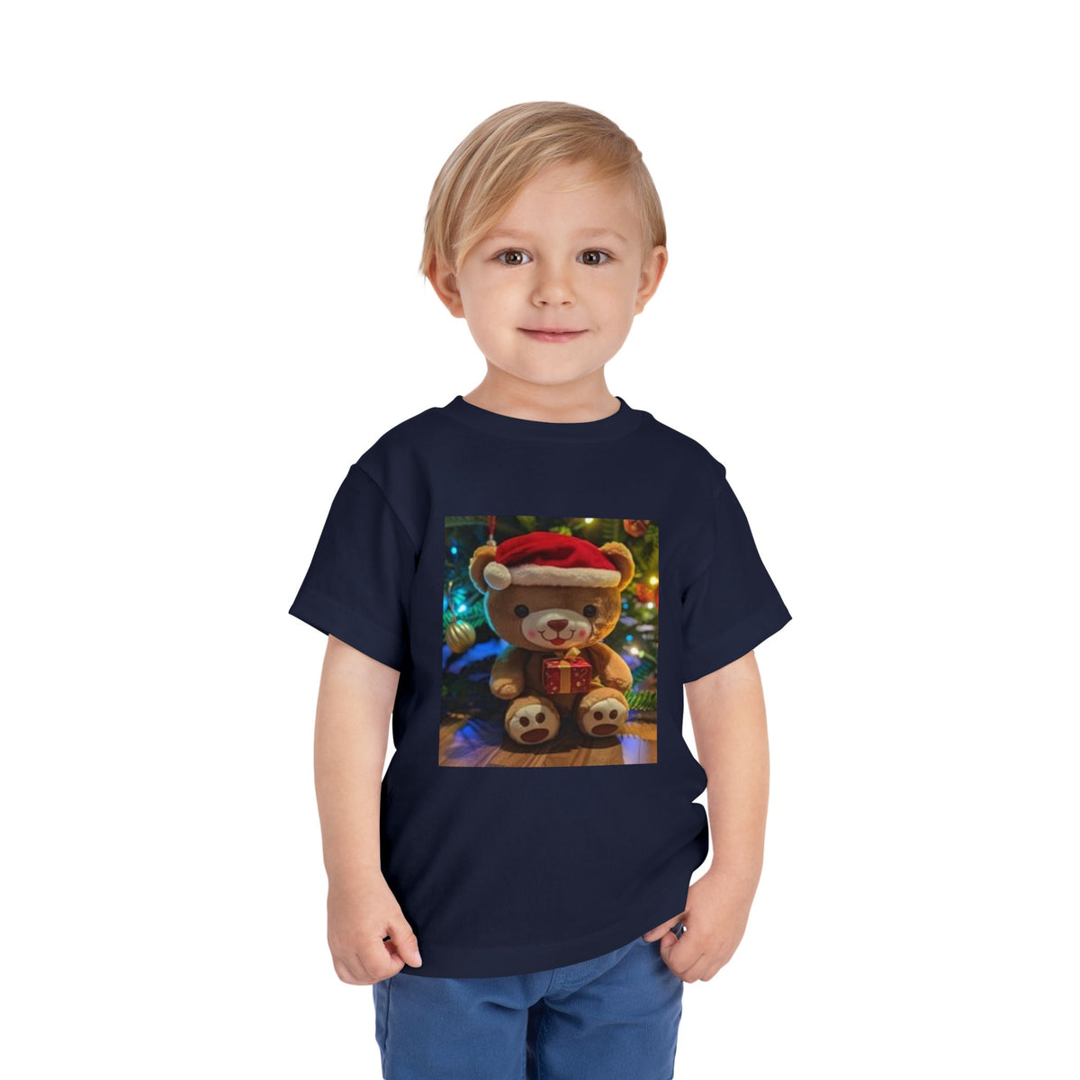 Toddler Tee — Christmas Teddy Bear with Santa Hat Holiday Shirt