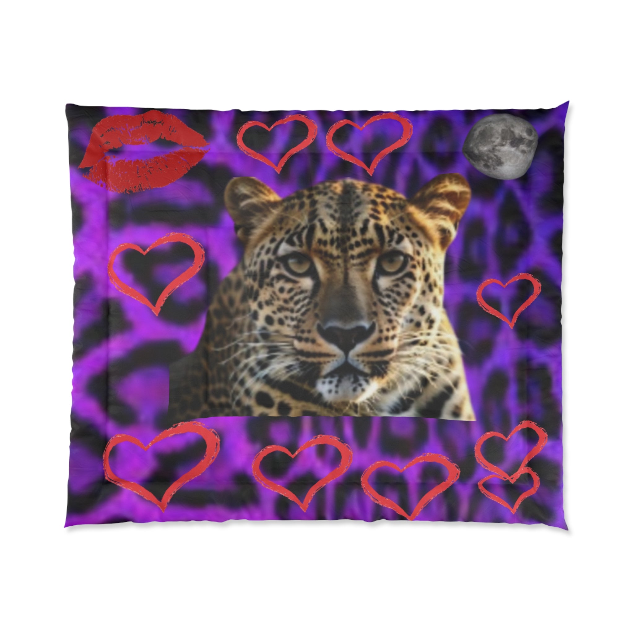Leopard Heart Comforter - Purple Leopard Print with Big Cat Face & Hearts