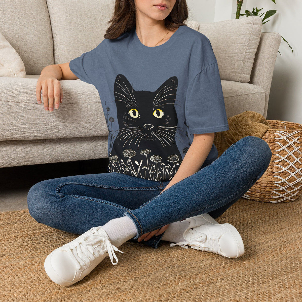 Cat in the Meadow T-Shirt — Black Cat Illustration Tee