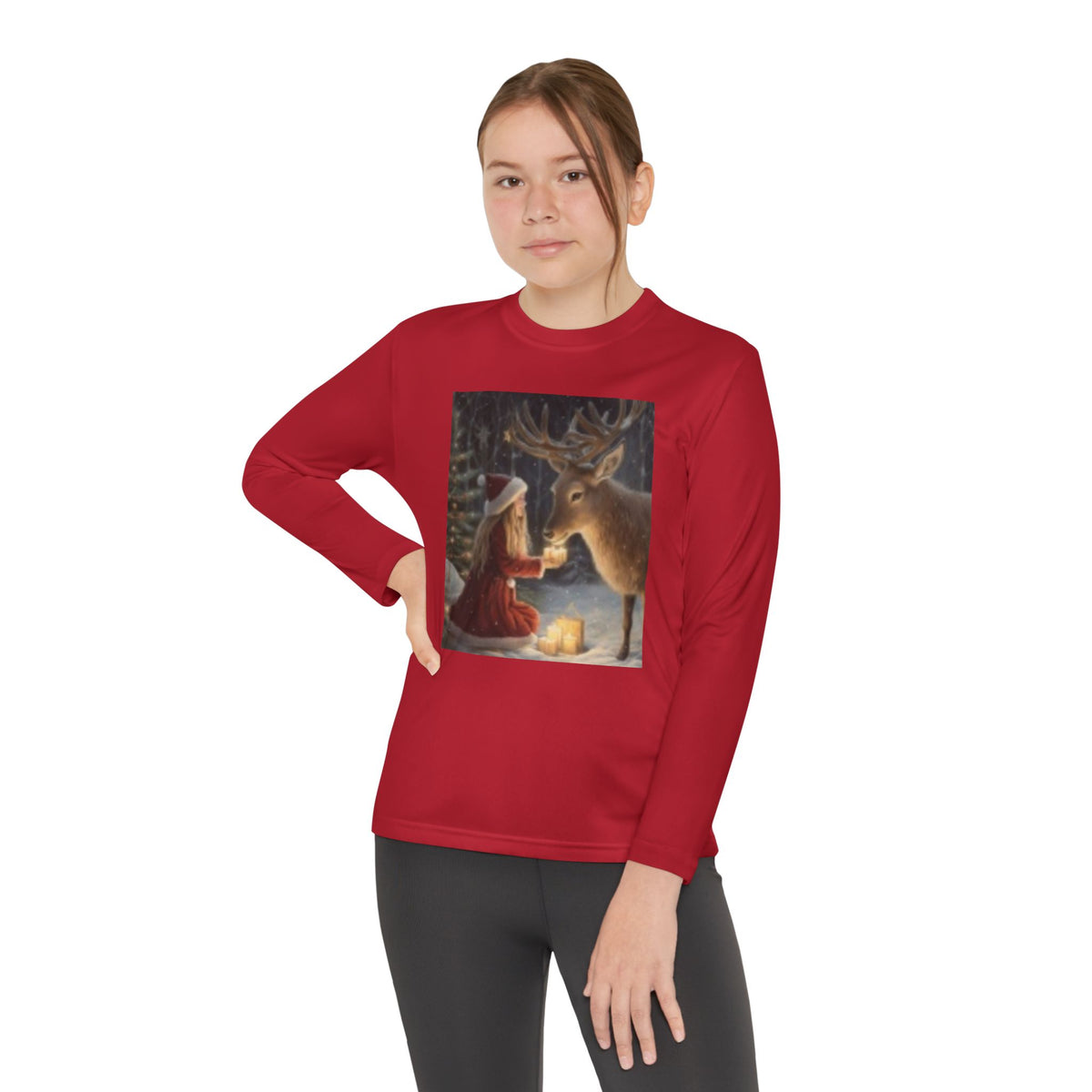 Youth Long Sleeve Tee — Girl Feeding Deer Christmas Night Scene
