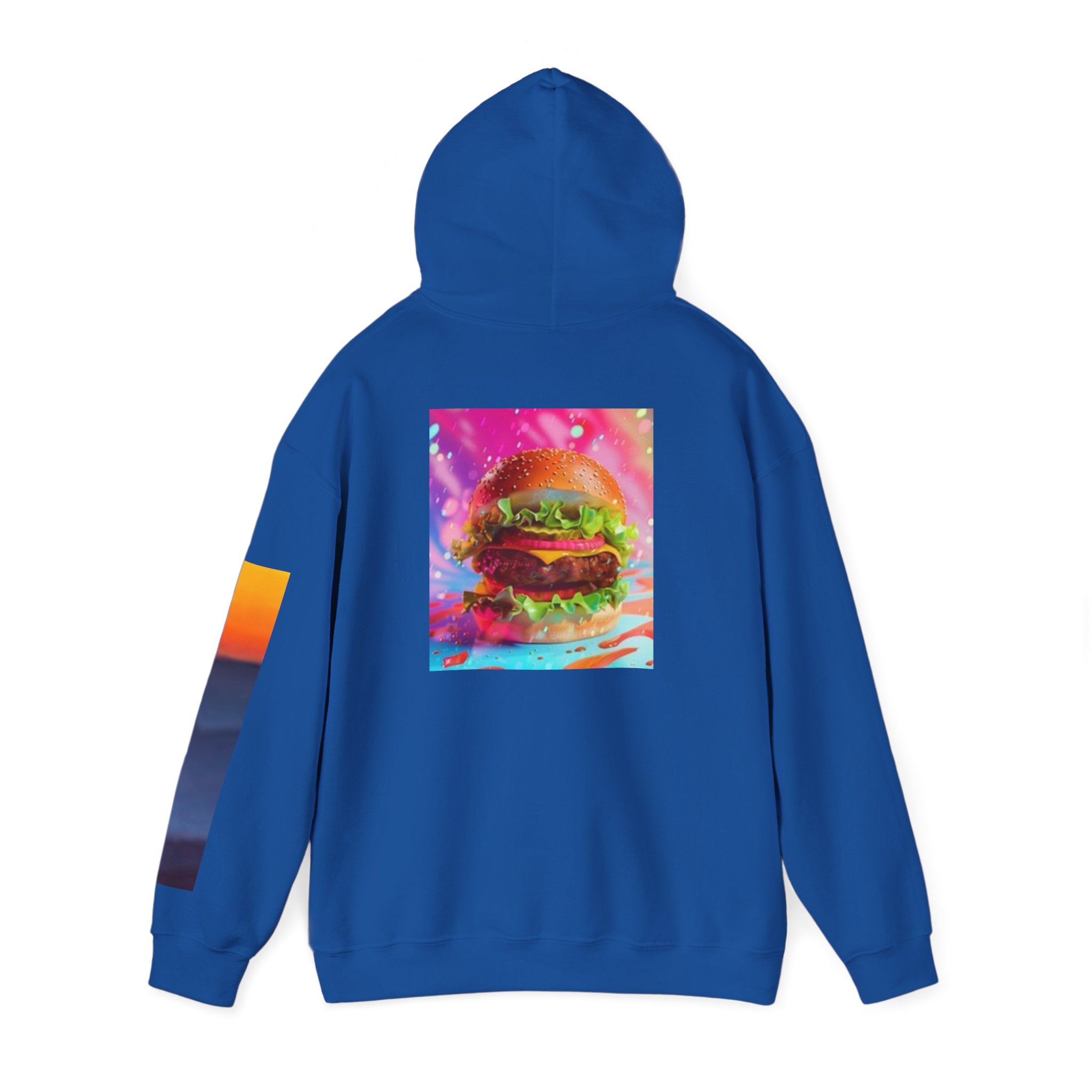 Cosmic Burger Hoodie — Retro Neon Cheeseburger Graphic Pullover
