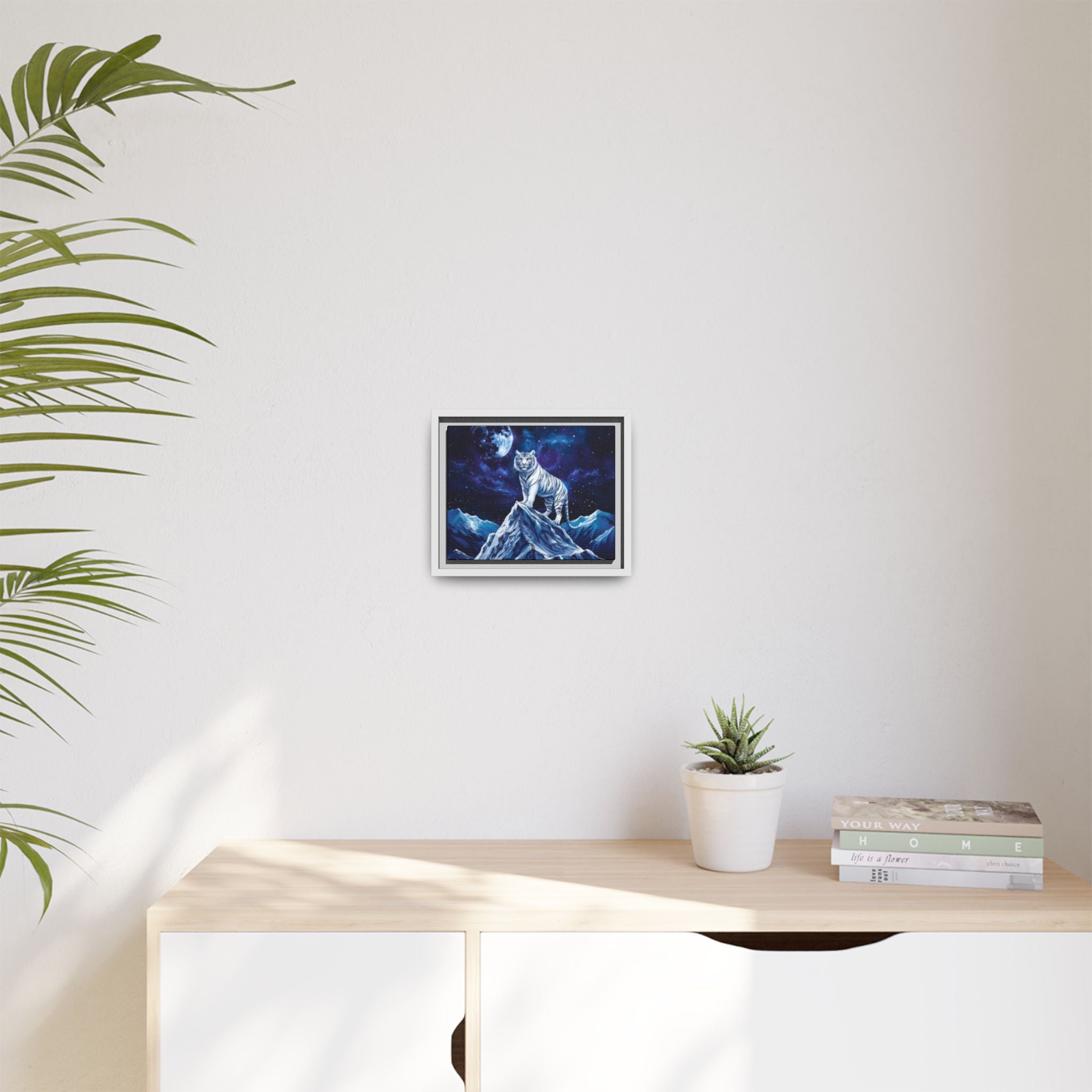 Framed Matte Canvas - White Tiger on Moonlit Mountain