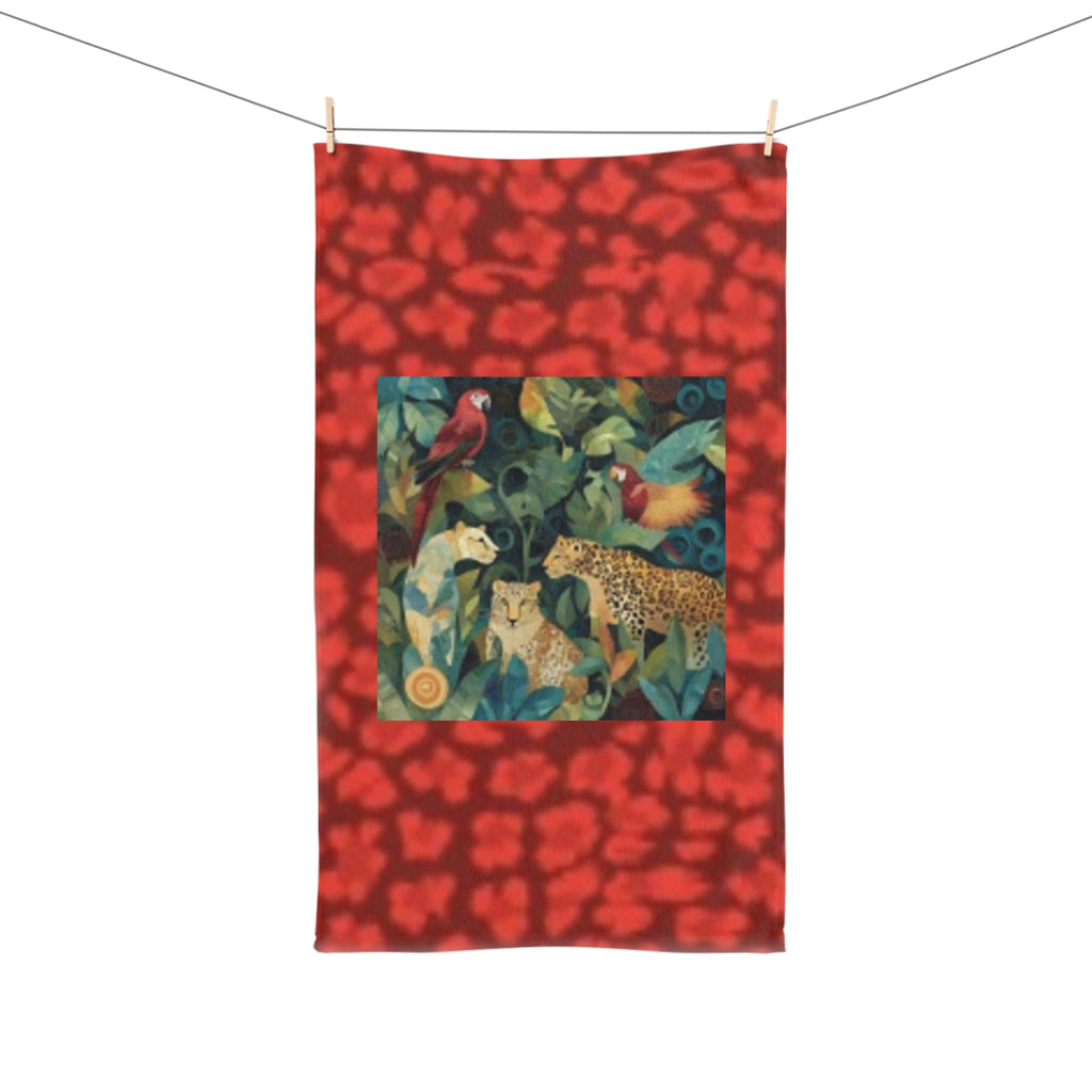 Tropical Jungle Hand Towel — Leopard & Parrot Botanical Print