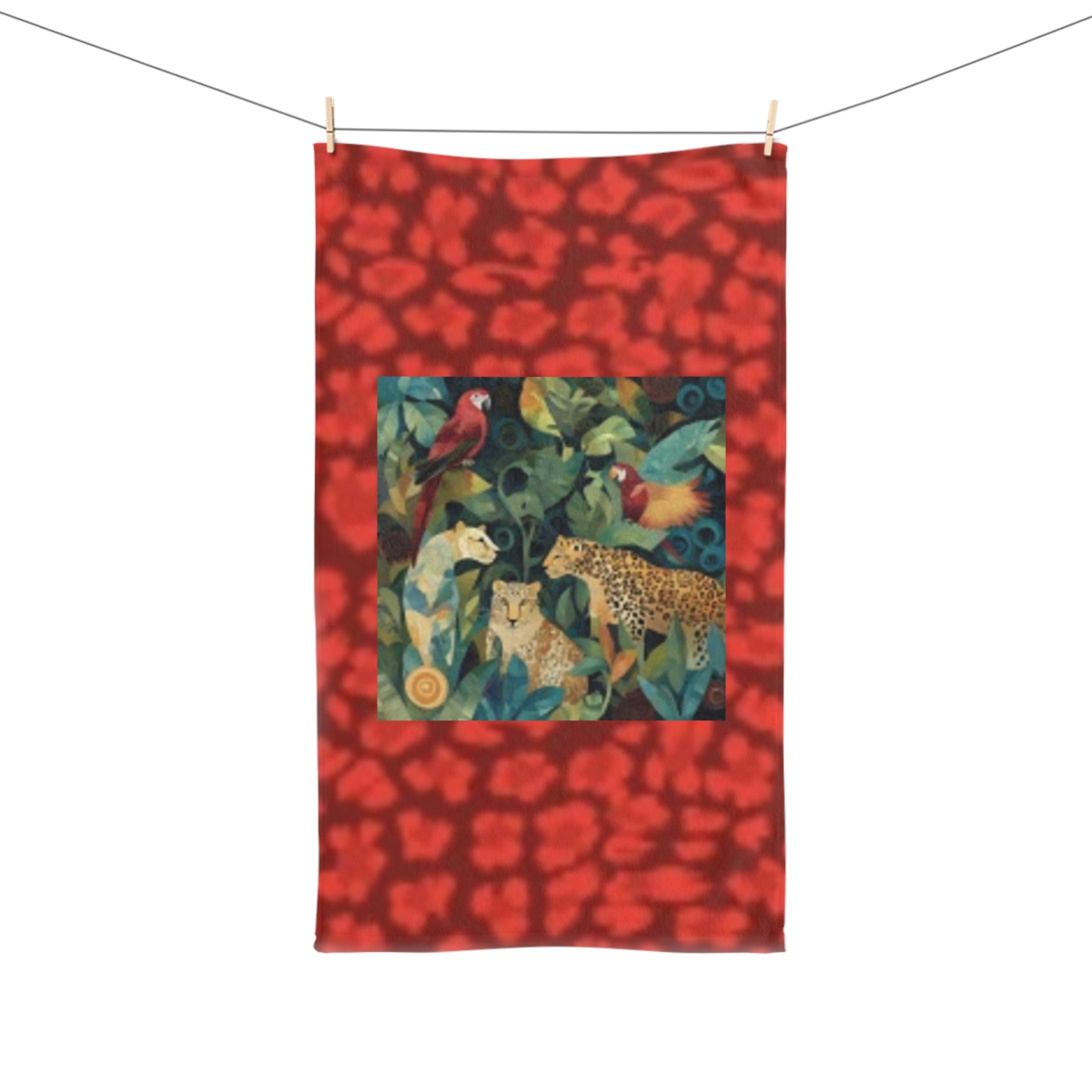 Tropical Jungle Hand Towel — Leopard & Parrot Botanical Print