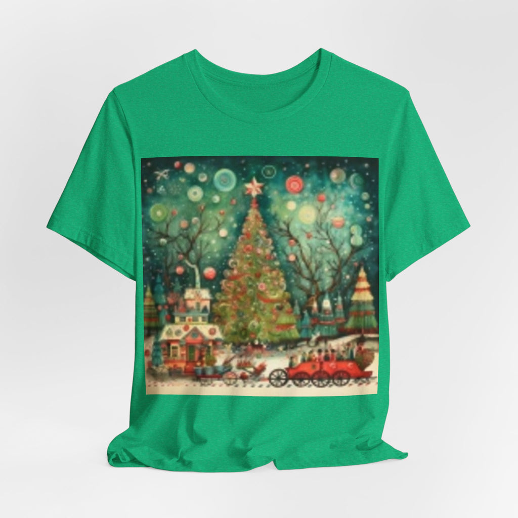 Christmas Tree Vintage Scene Tee — Holiday Village Carriage Design