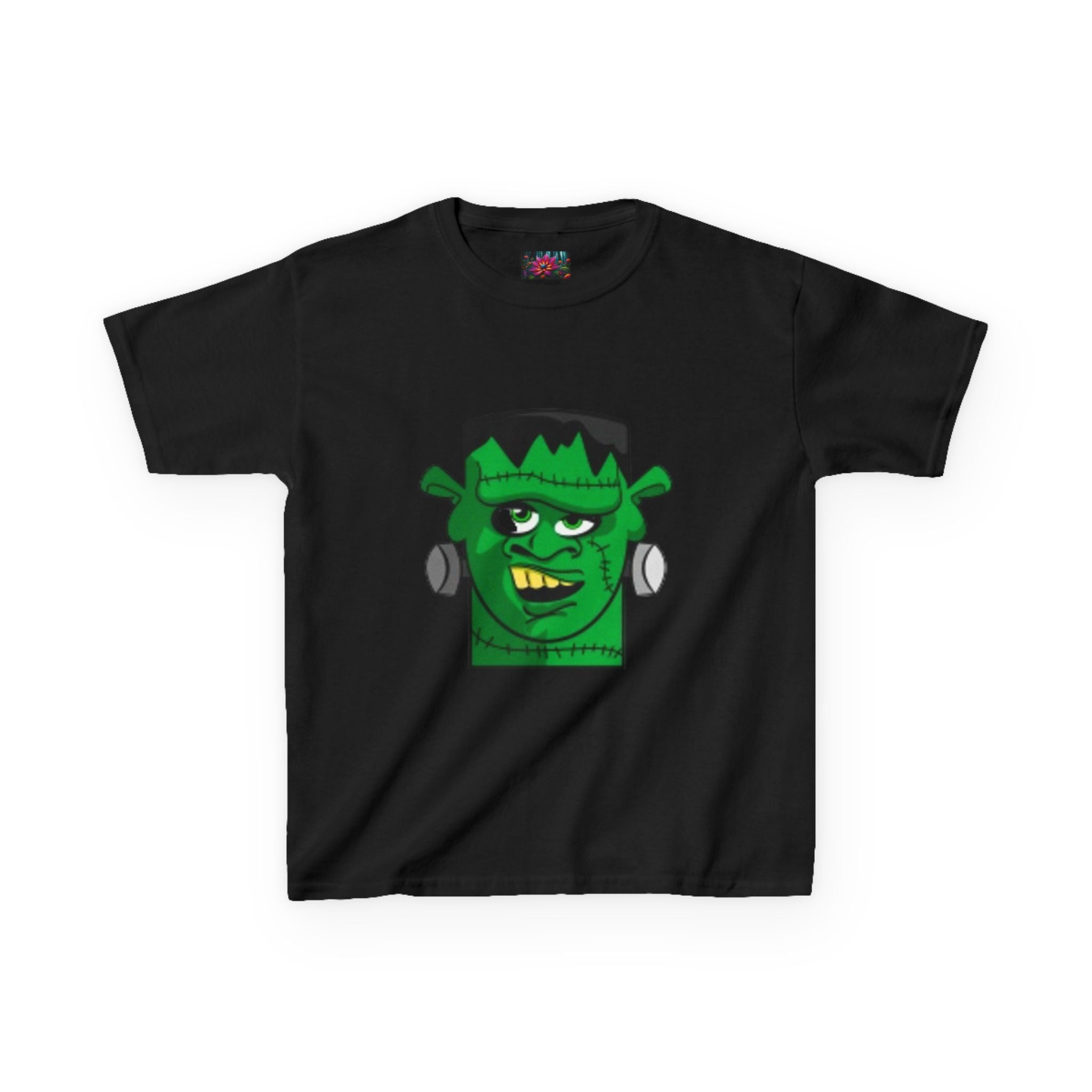 Kids T-shirt— Cute Frankenstein Face Front & Enchanted Forest Back