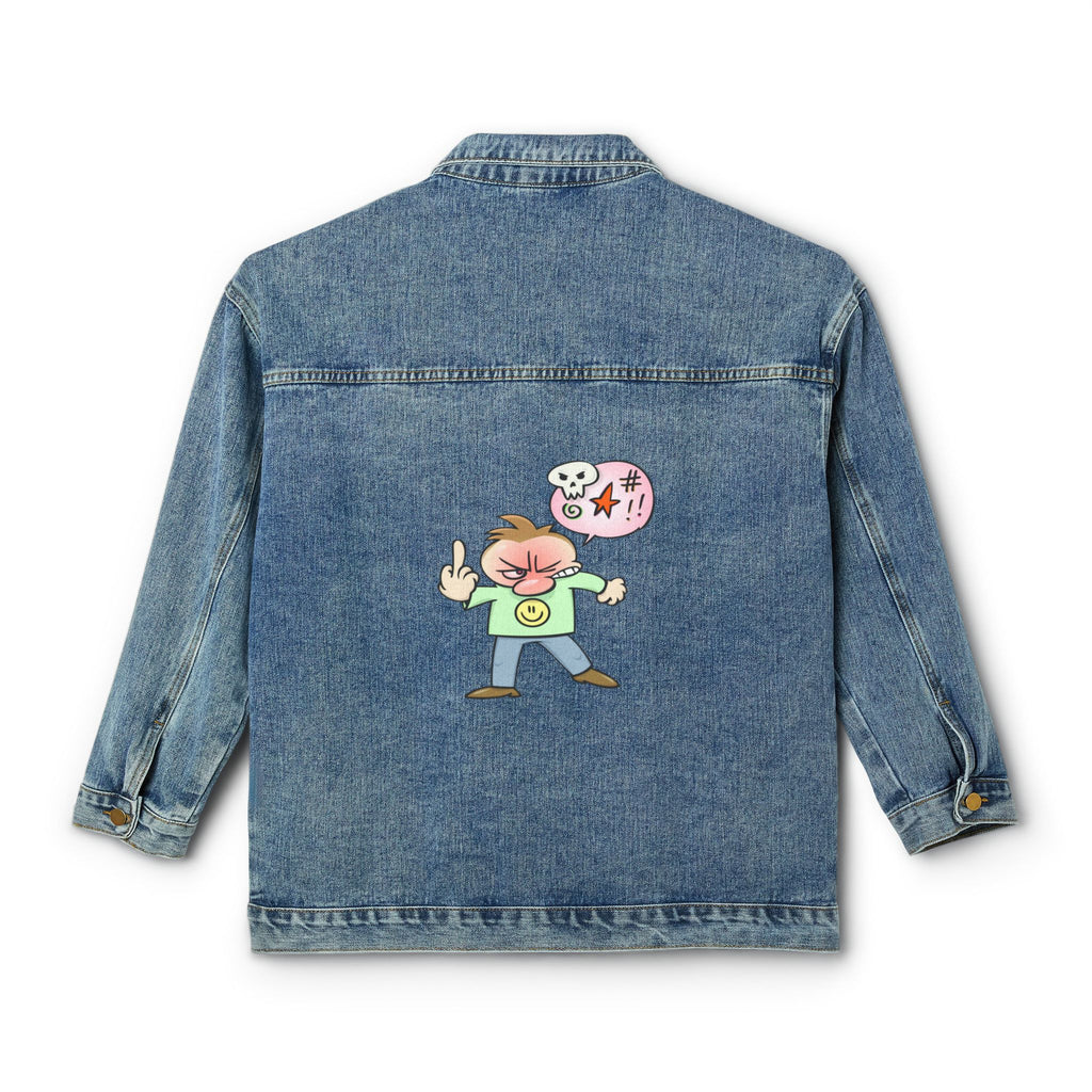 Women's Denim Jacket — Cute Cartoon Brain, Shooting the Finger  Character Back Graphic