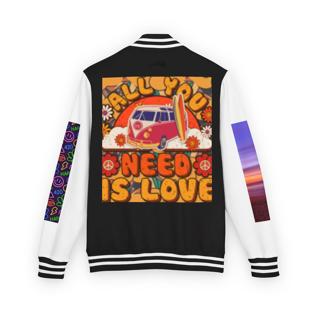 Letterman Jacket — Retro 'All You Need Is Love' Hippie Van & Cannabis Leaf Design
