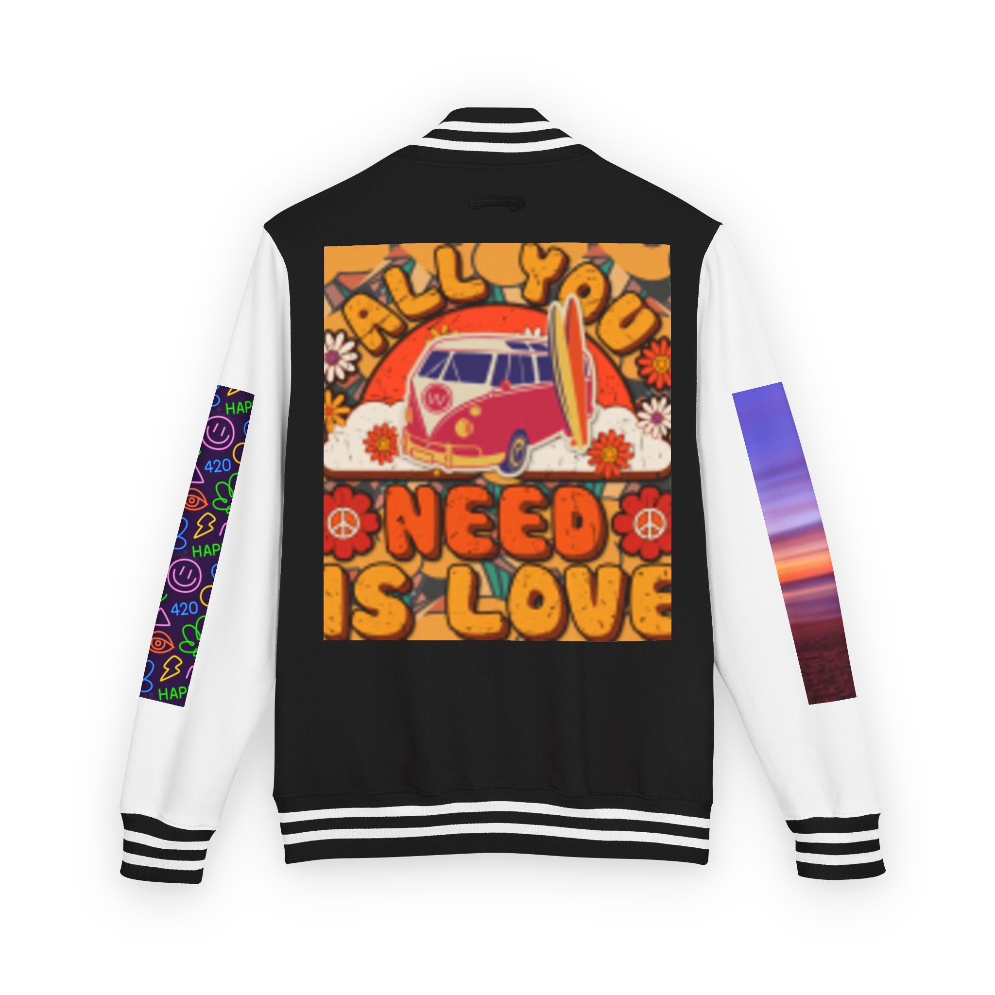 Letterman Jacket — Retro 'All You Need Is Love' Hippie Van & Cannabis Leaf Design