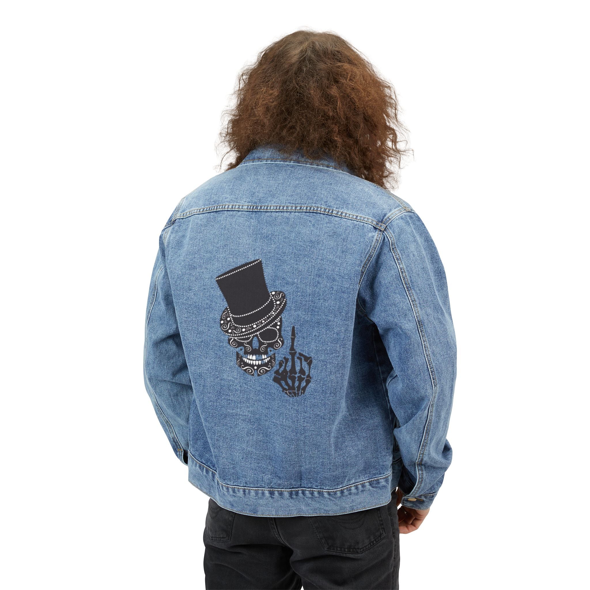 Men's Denim Jacket — Gothic Skull with Top Hat Shooting the Finger