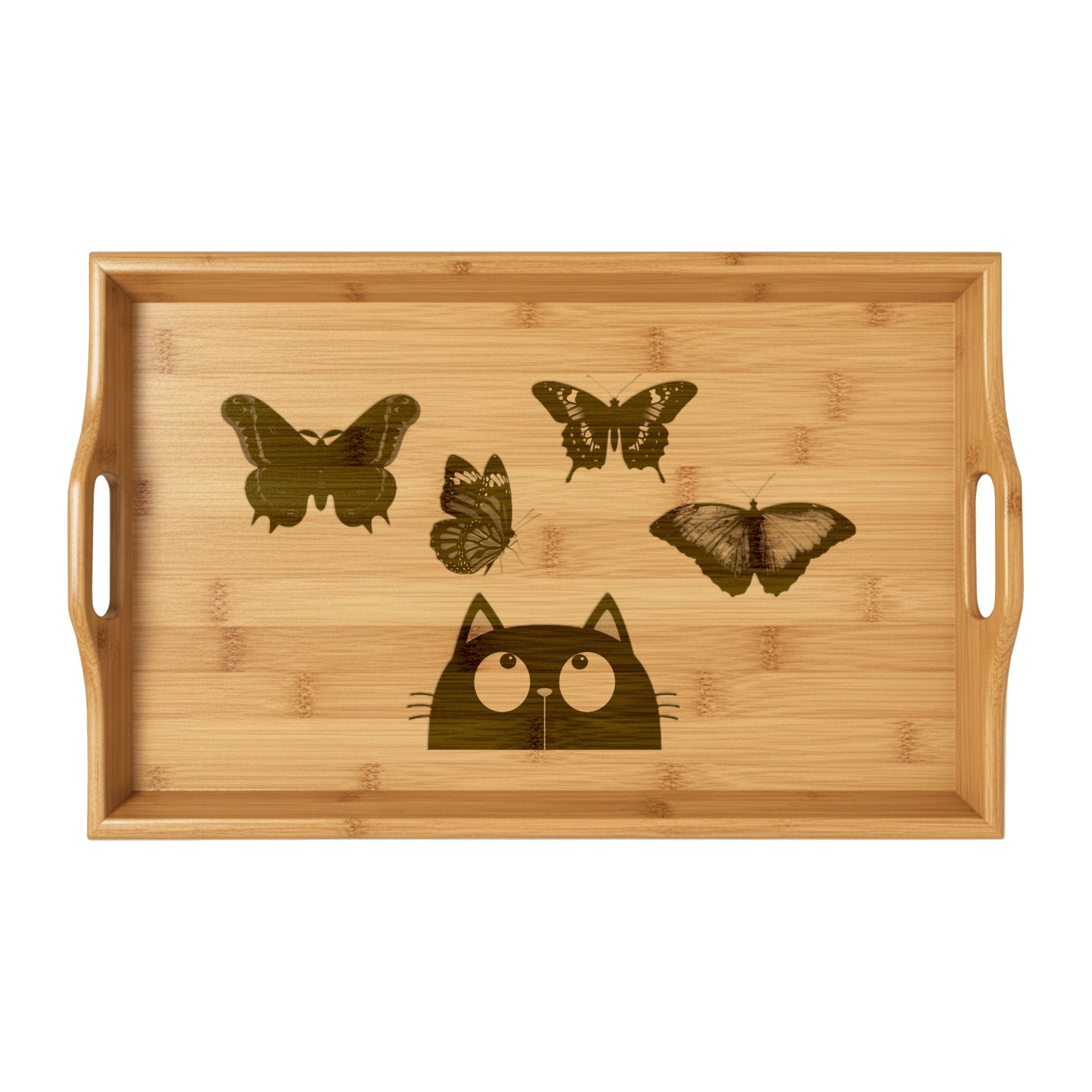 Engraved Bamboo Serving Tray with Peeking Cat Design
