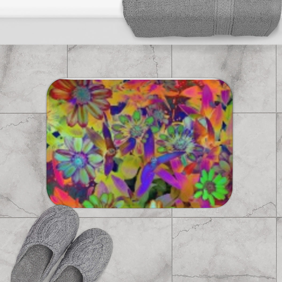 Psychedelic Floral Bath Mat — Colorful Daisy Anti‑Slip Bathroom Rug