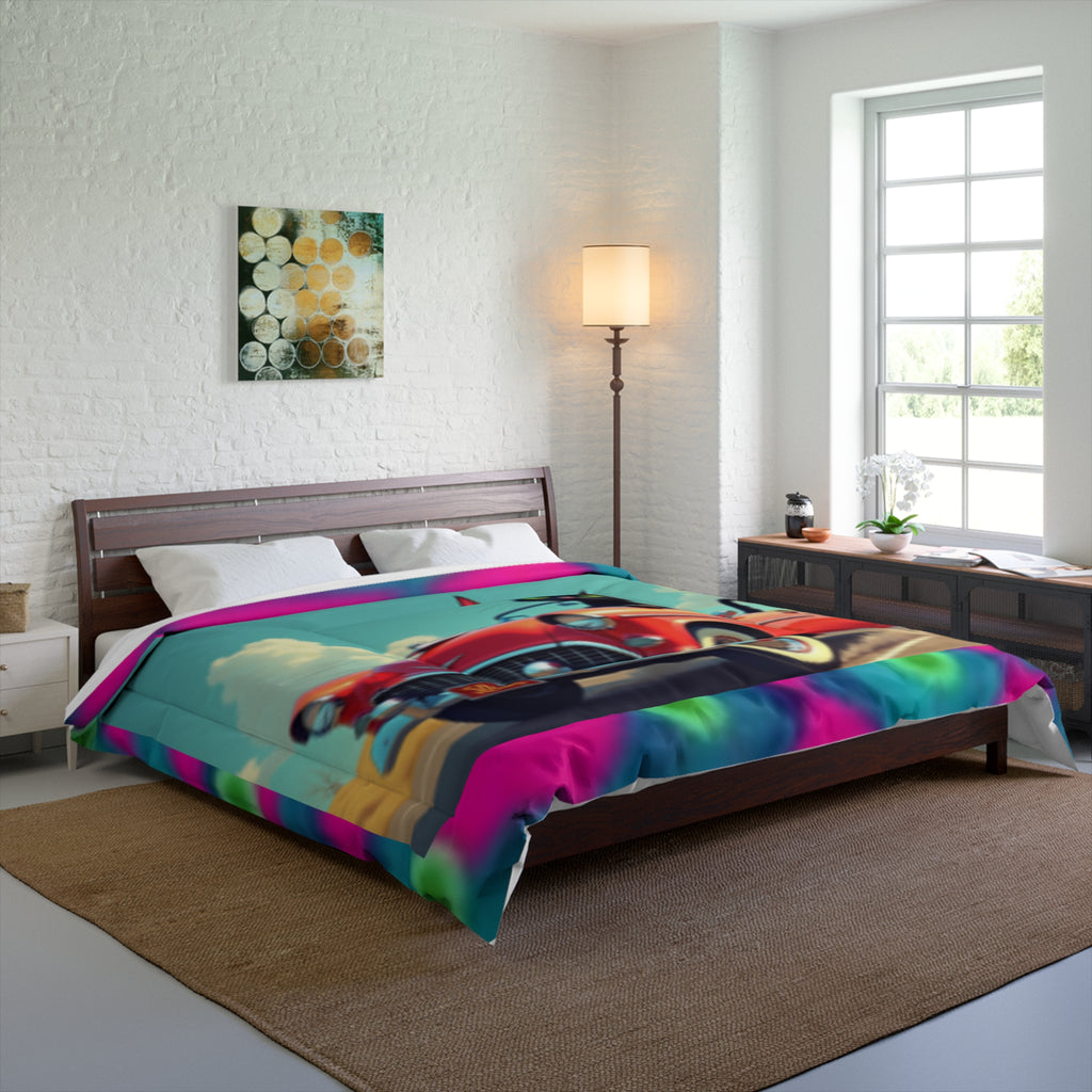 Retro Cat Driving Comforter - Vintage Convertible Black Cat Bedding