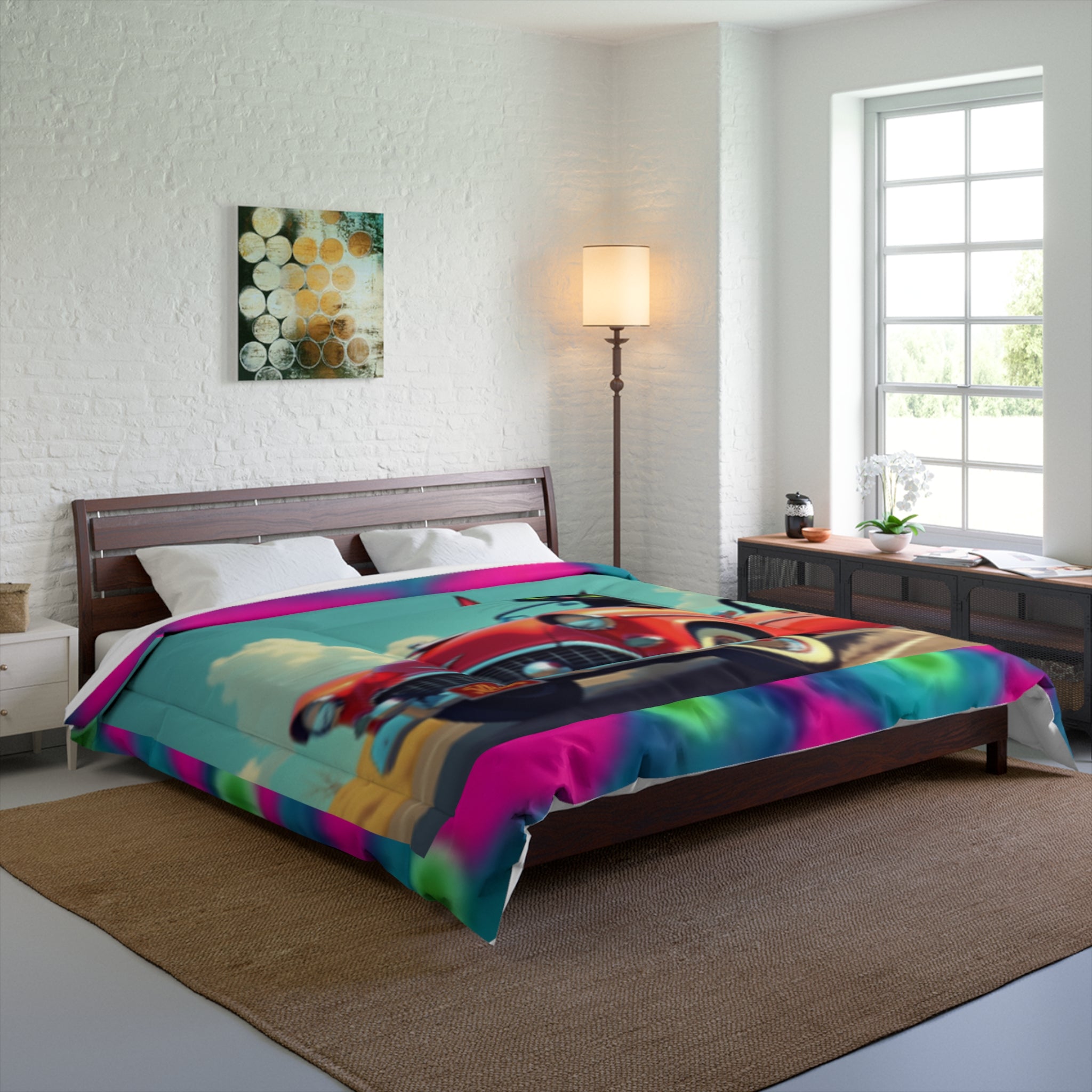 Retro Cat Driving Comforter - Vintage Convertible Black Cat Bedding