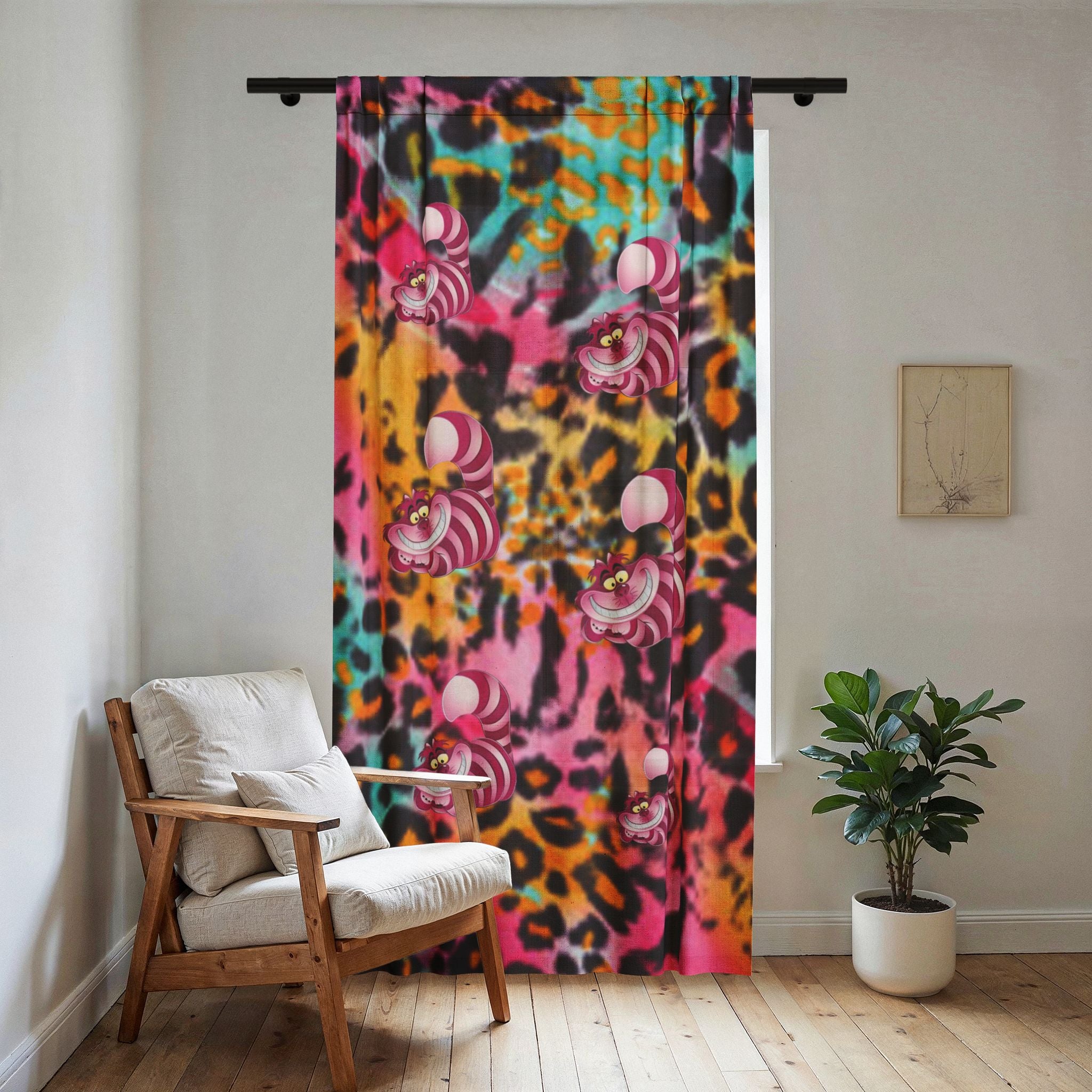 Sheer Window Curtain — Vibrant Neon Leopard Print with Pink Cheshire Cats
