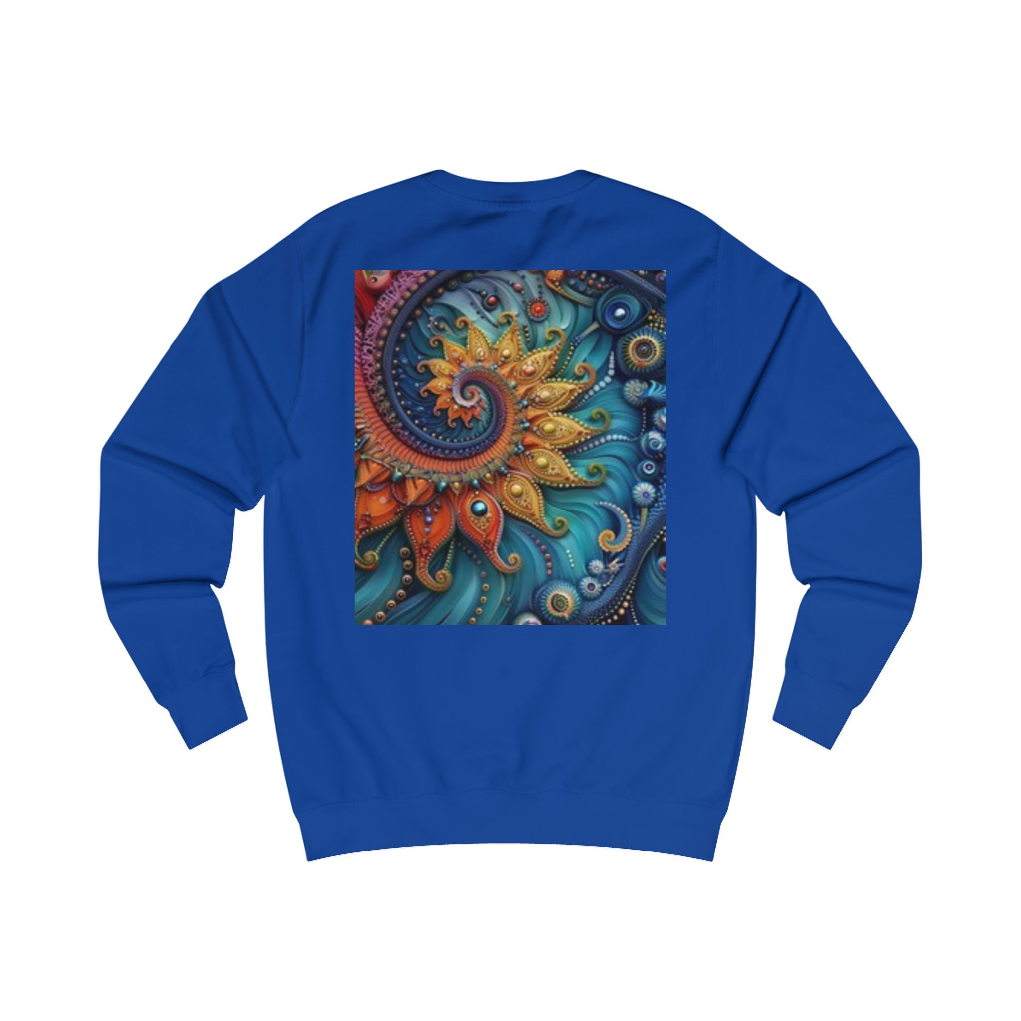 Sweat-shirt graphique Sunburst — Motif vintage visage soleil devant & spirale colorée derrière