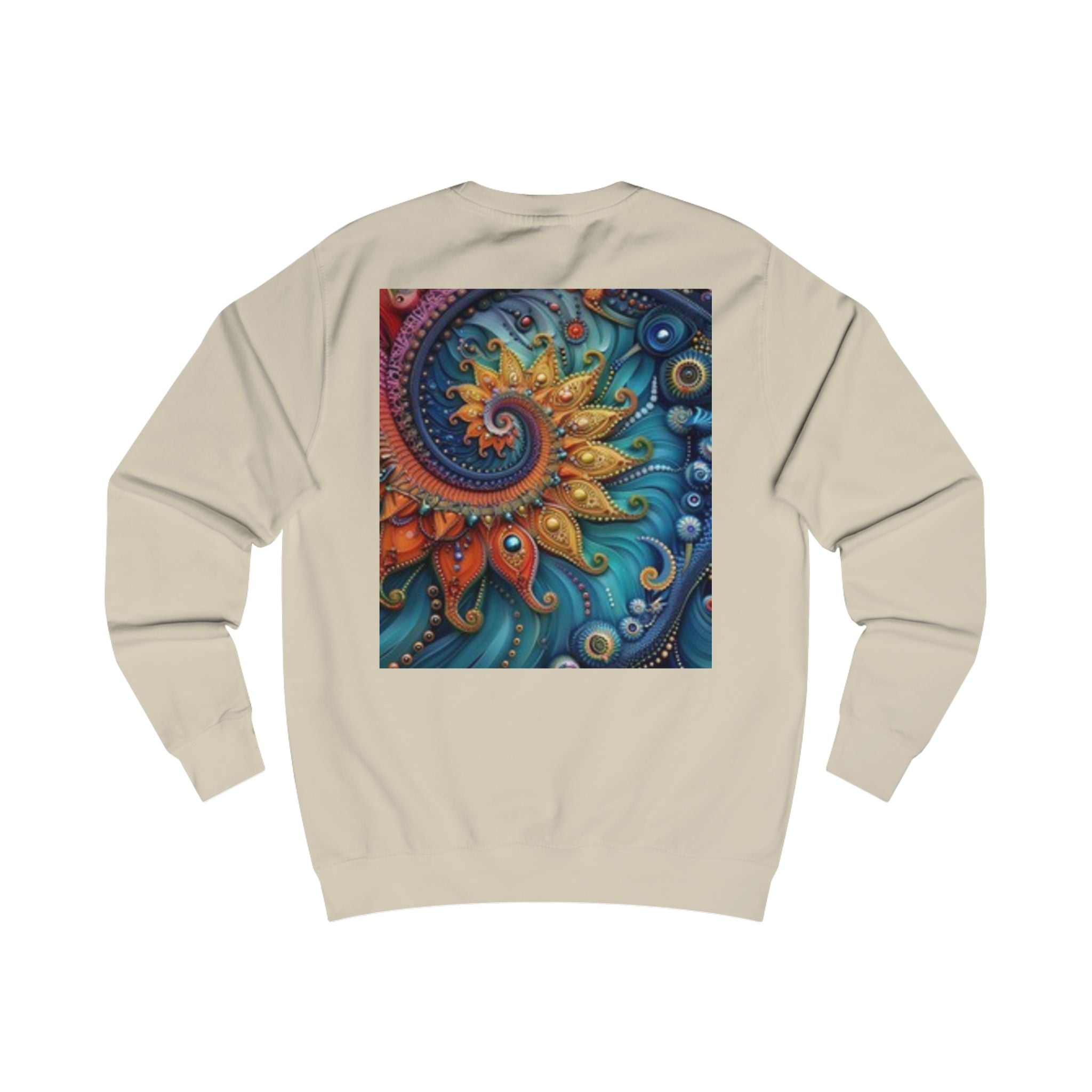 Sweat-shirt graphique Sunburst — Motif vintage visage soleil devant & spirale colorée derrière