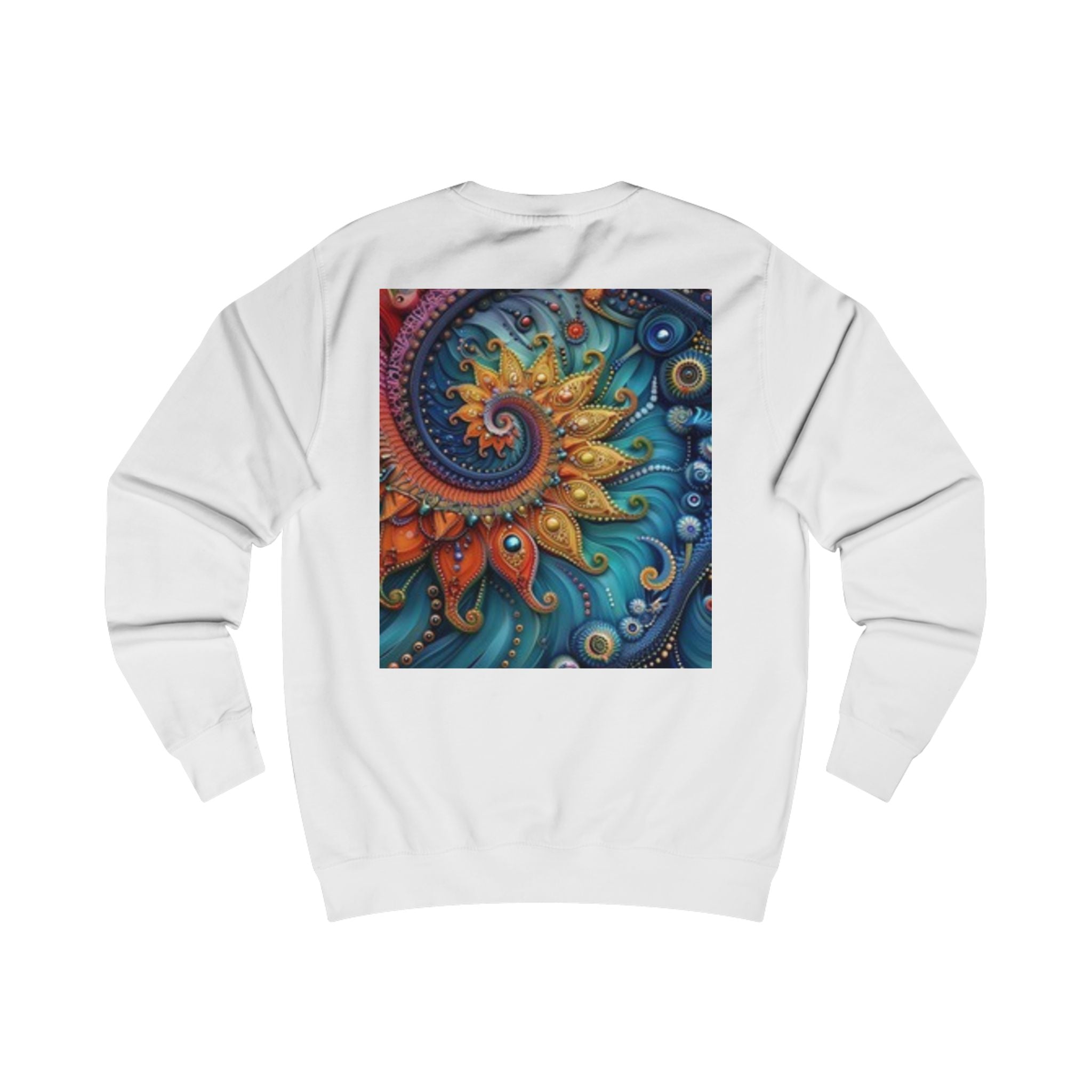 Sweat-shirt graphique Sunburst — Motif vintage visage soleil devant & spirale colorée derrière
