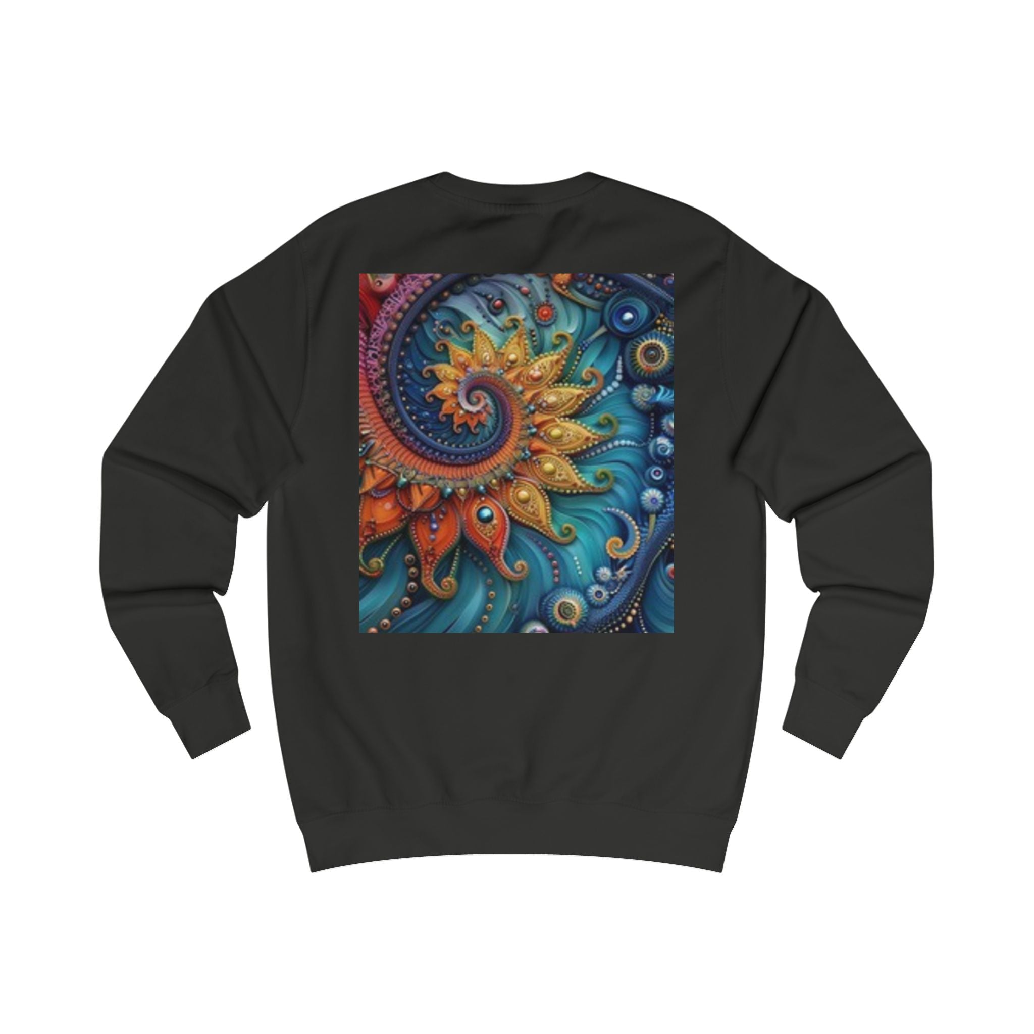 Sweat-shirt graphique Sunburst — Motif vintage visage soleil devant & spirale colorée derrière