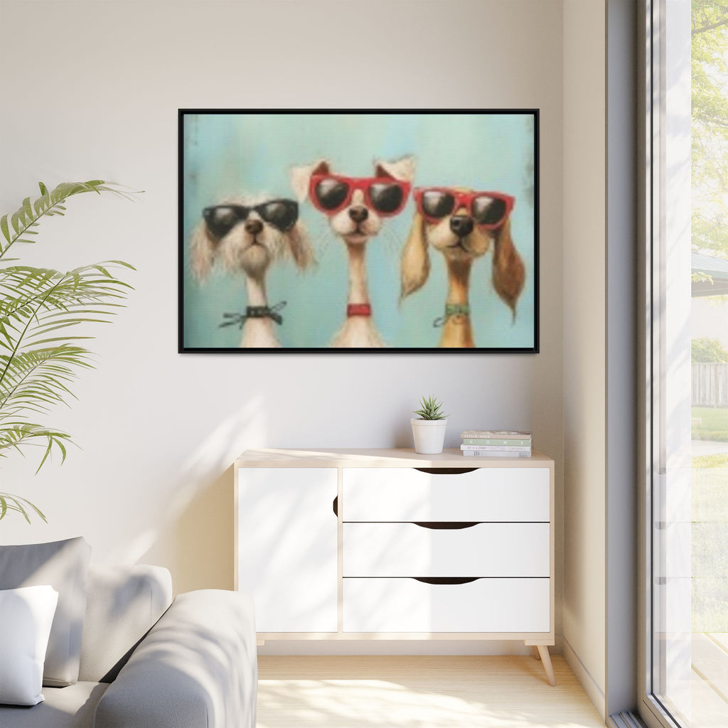 Framed Matte Canvas — Three Cool Dogs in Sunglasses Wall Art