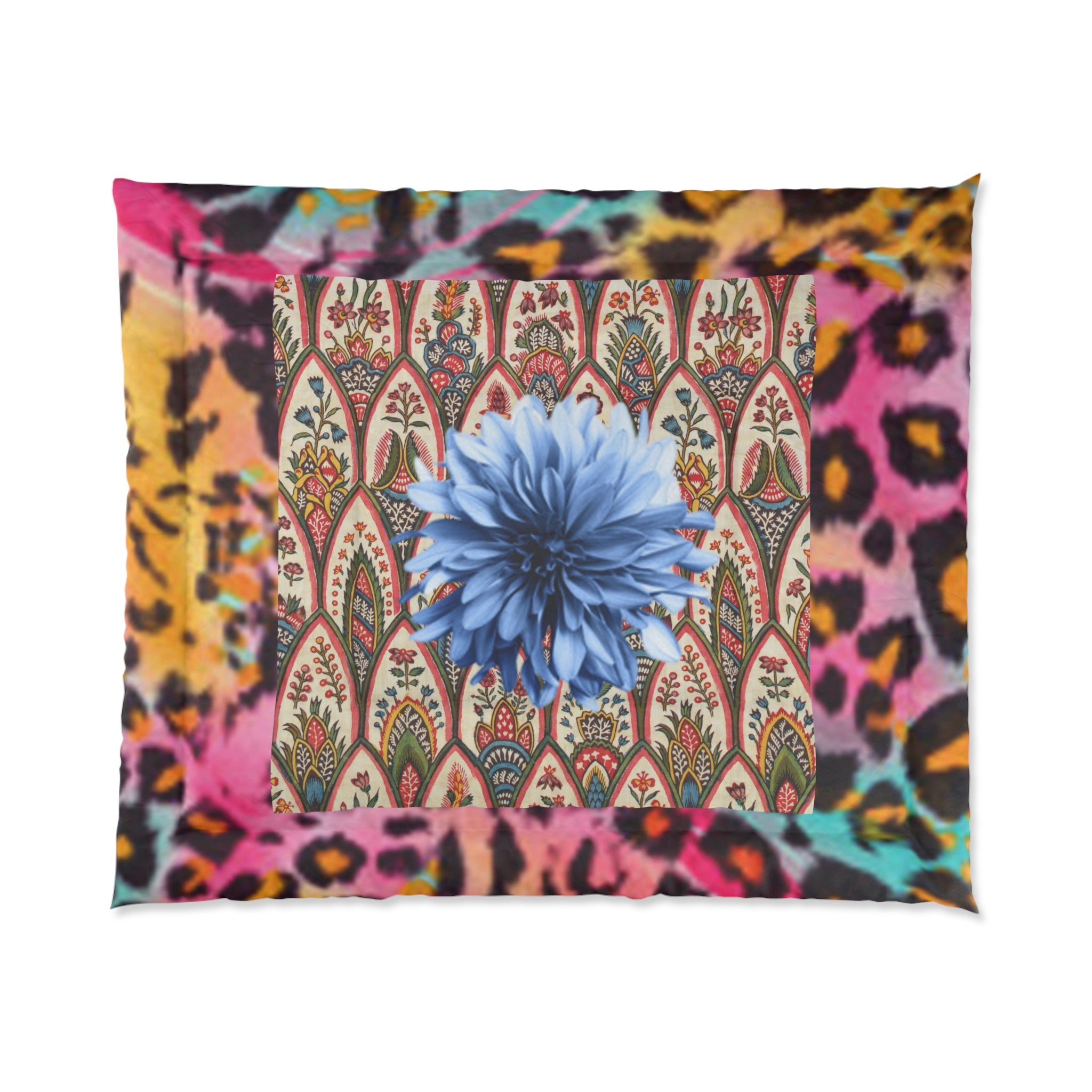 Boho Leopard Floral Comforter — Vibrant Blue Bloom Patterned Bedding