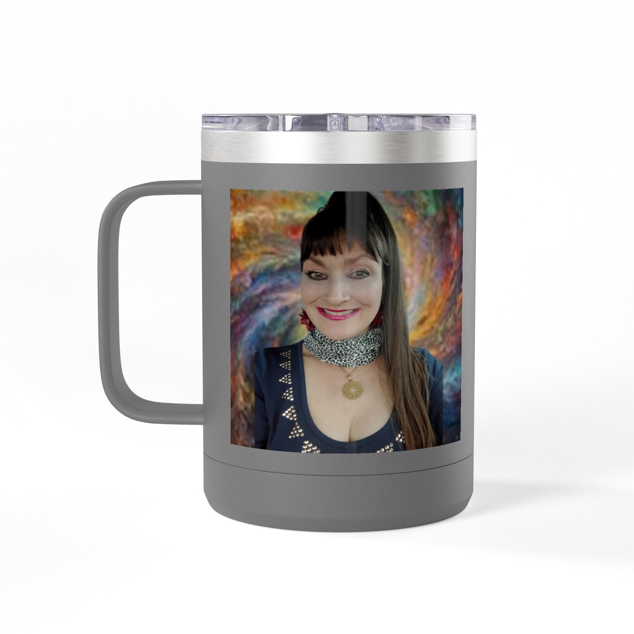 Mary Jordan Custom 15oz Travel Mug Tumbler — Personalized 'Enter text' Blue Floral Design & Heart