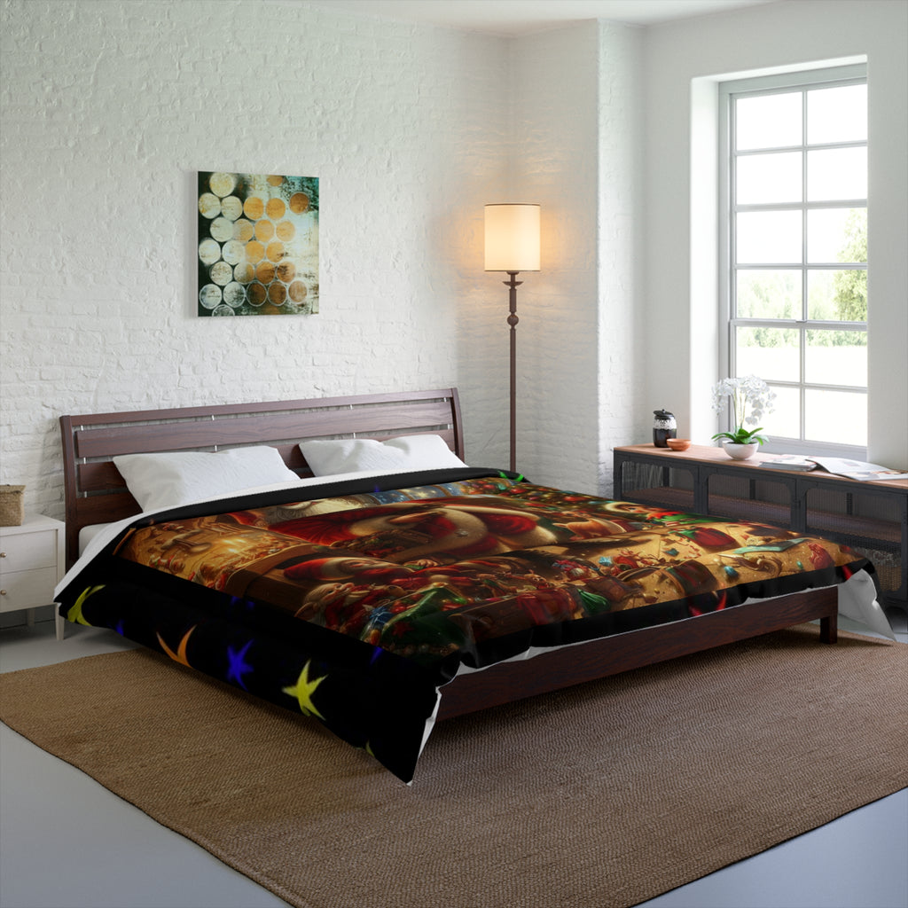 Christmas Santa's Workshop  Comforter - Festive Holiday Bedroom Quilt Cover