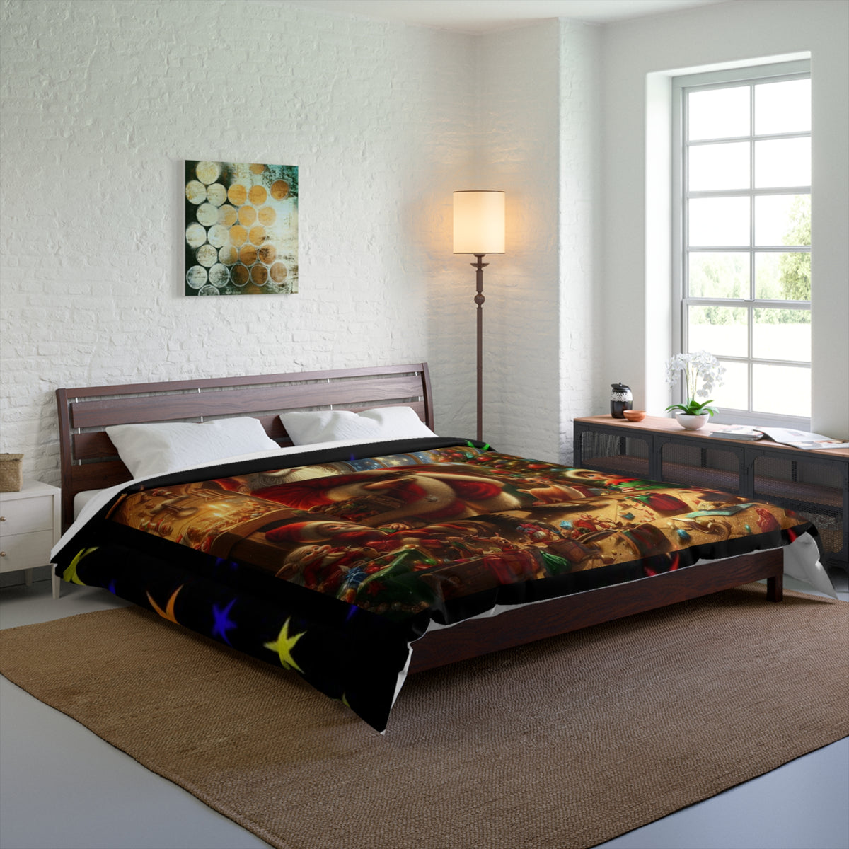 Christmas Santa's Workshop  Comforter - Festive Holiday Bedroom Quilt Cover