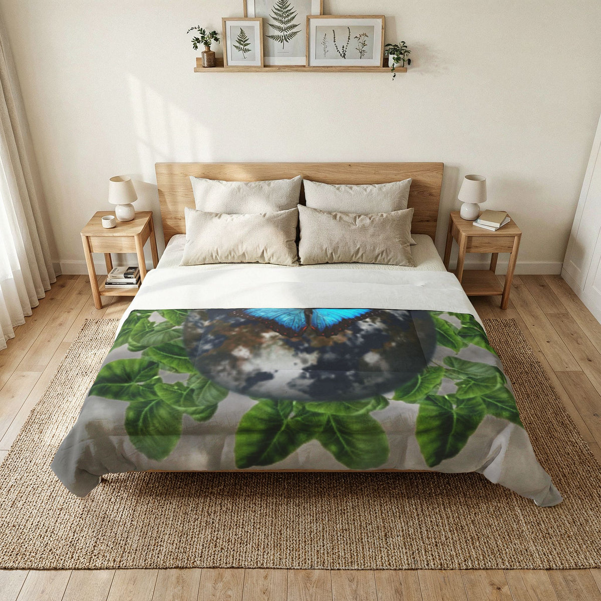 Earth From Space Leaves Blue Butterfly & Earth Facts Cotton Comforter