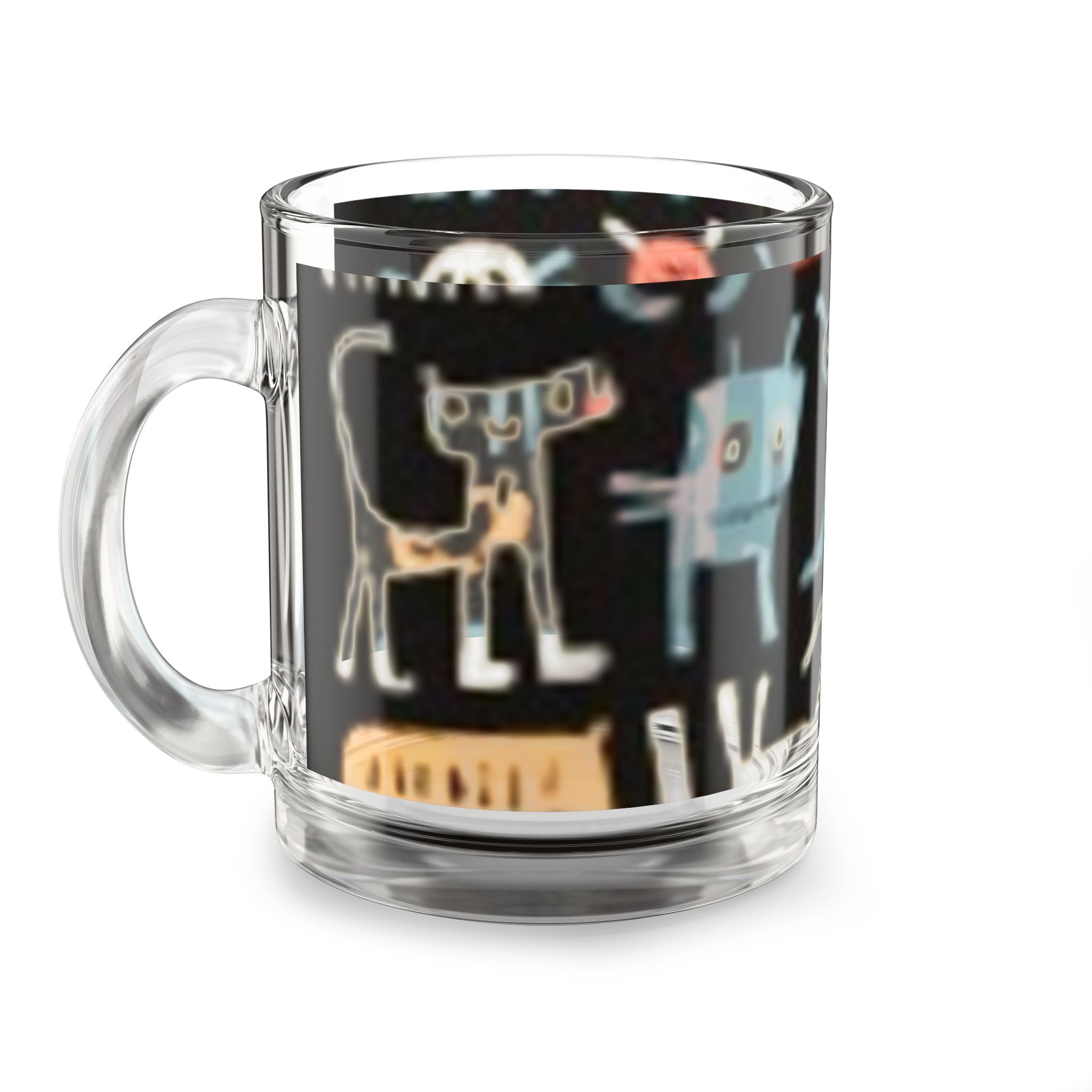 10oz Glass Mug — Whimsical Cat Doodle Pattern, Cute Colorful Kitty Coffee Cup