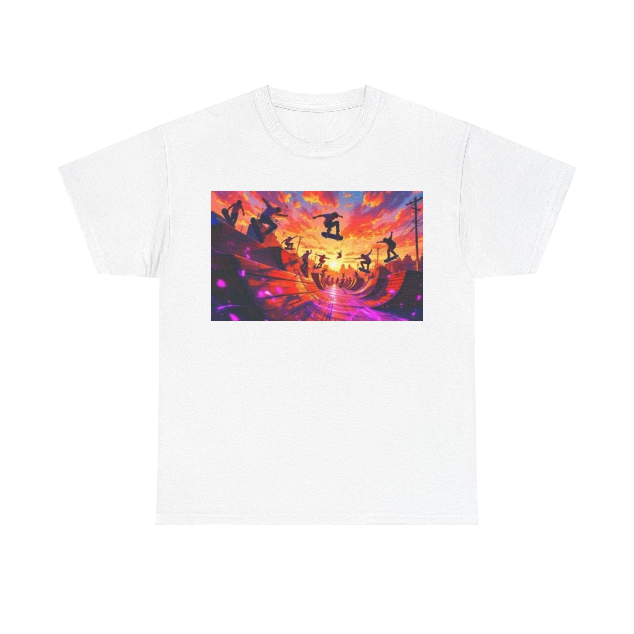 Skate Sunset Graphic Tee — Vibrant Skateboarding Sunset Scene Shirt