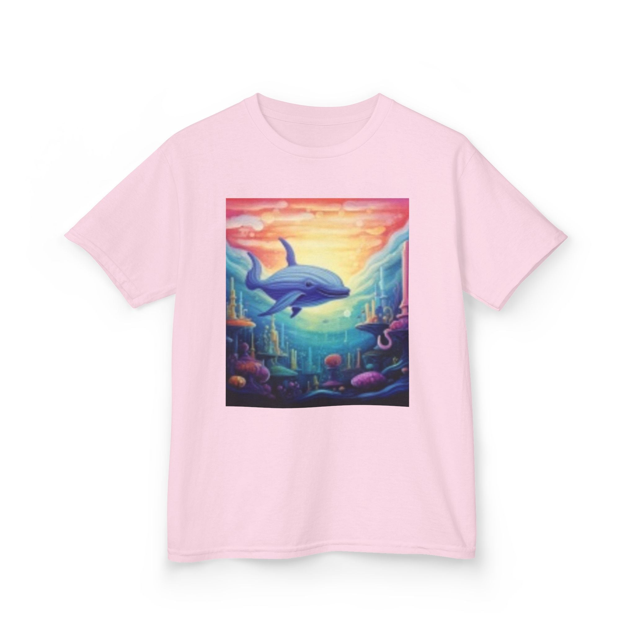 Kids Dolphin Sunset & Shells T-Shirt — Colorful Underwater Ocean Scene